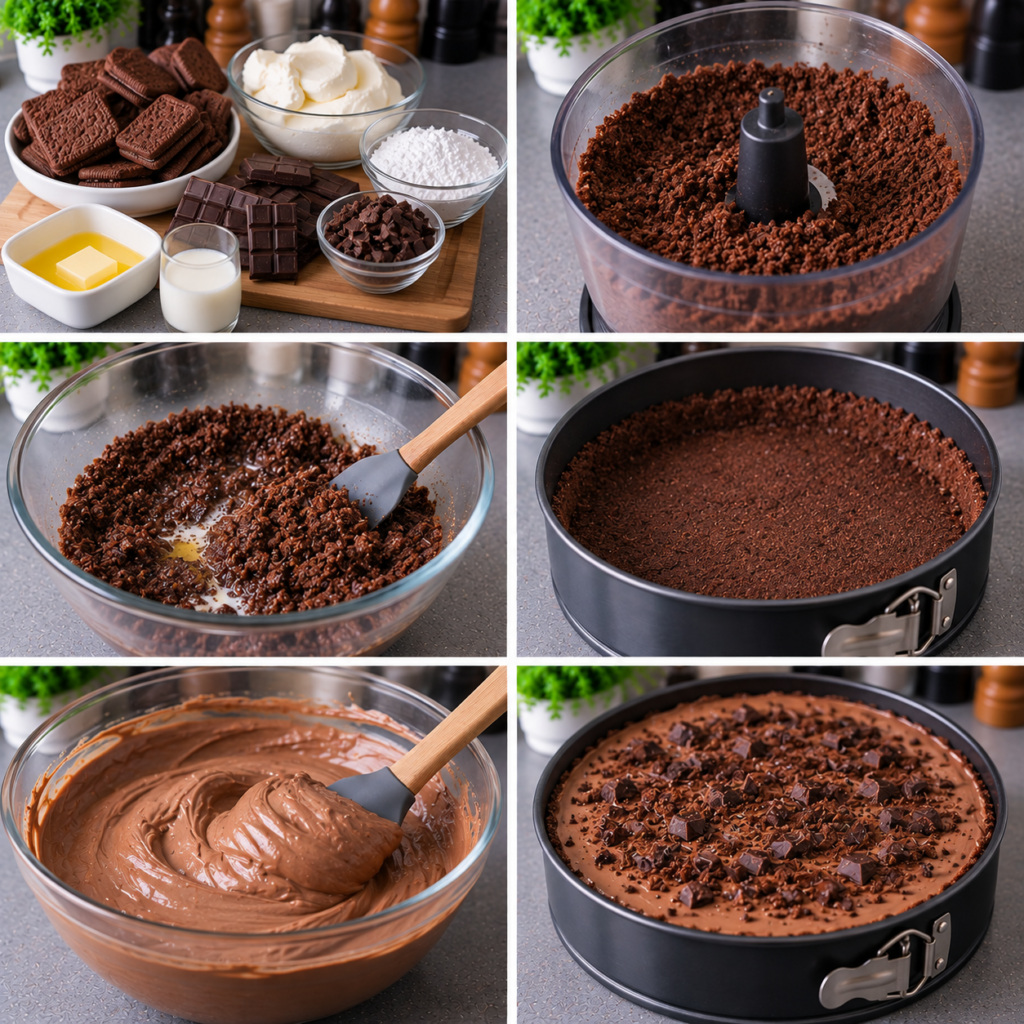 A rustic kitchen table is set in a warm, cozy atmosphere, illuminated by soft, natural light filtering through a nearby window. In the foreground, a freshly made chocolate biscuit base is prominently displayed on a classic wooden cutting board, showcasing its rich, dark texture and crunchy, compact form. Small crumbs scatter around the edges, hinting at delicious bites enjoyed. The background features blurred elements of a cozy kitchen, like a vintage wooden bowl filled with chocolate chunks and a few baking tools. The scene conveys a sense of warmth and homeliness, emphasizing the ease and comfort of creating a no-bake chocolate dessert. The angle captures the enticing details of the biscuit base while keeping the entire setting inviting and appetizing. Tarte sans cuisson au chocolat