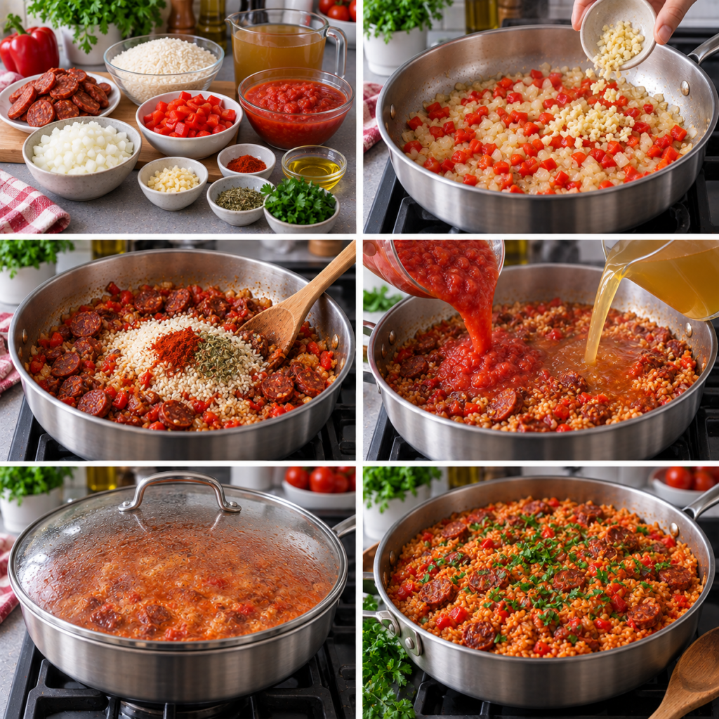 A cozy homemade cooking scene featuring a vibrant dish of rice with chorizo and tomatoes, beautifully arranged on a rustic wooden kitchen table. In the foreground, a steaming bowl of richly colored rice mixed with sliced chorizo and fresh tomatoes accented by herbs. Surrounding the bowl, there are scattered ingredients like garlic cloves, a handful of fresh parsley, and a bottle of olive oil, creating an inviting atmosphere. In the middle ground, a well-worn wooden cutting board displays chopped vegetables, evoking a sense of an active cooking process. Soft, warm lighting bathes the scene, highlighting the textures of the food and the wood grains of the table. The background features a softly blurred kitchen setting, with hanging utensils and potted herbs, enhancing the inviting, homely mood. Riz au chorizo et à la tomate