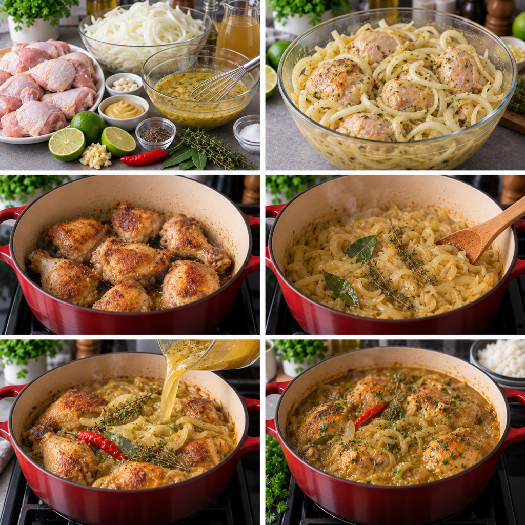 A cozy rustic kitchen scene featuring a large "grande cocotte" pot simmering on a wooden table. In the foreground, showcase the richly colored chicken pieces, marinated and browning with a golden crust, surrounded by soft, caramelized onions glistening with a hint of citrus. In the middle, highlight fresh ingredients such as a zesty lime and mustard jar, emphasizing the aromatic flavors of the dish. The background should include warm wooden cabinets and shelves lined with colorful spices, creating a homely atmosphere. Soft, warm lighting filters through a window, casting gentle shadows that evoke a sense of comfort and inviting warmth, perfect for a home-cooked meal. The scene conveys a mouthwatering and authentic cooking experience. Poulet yassa aux oignons