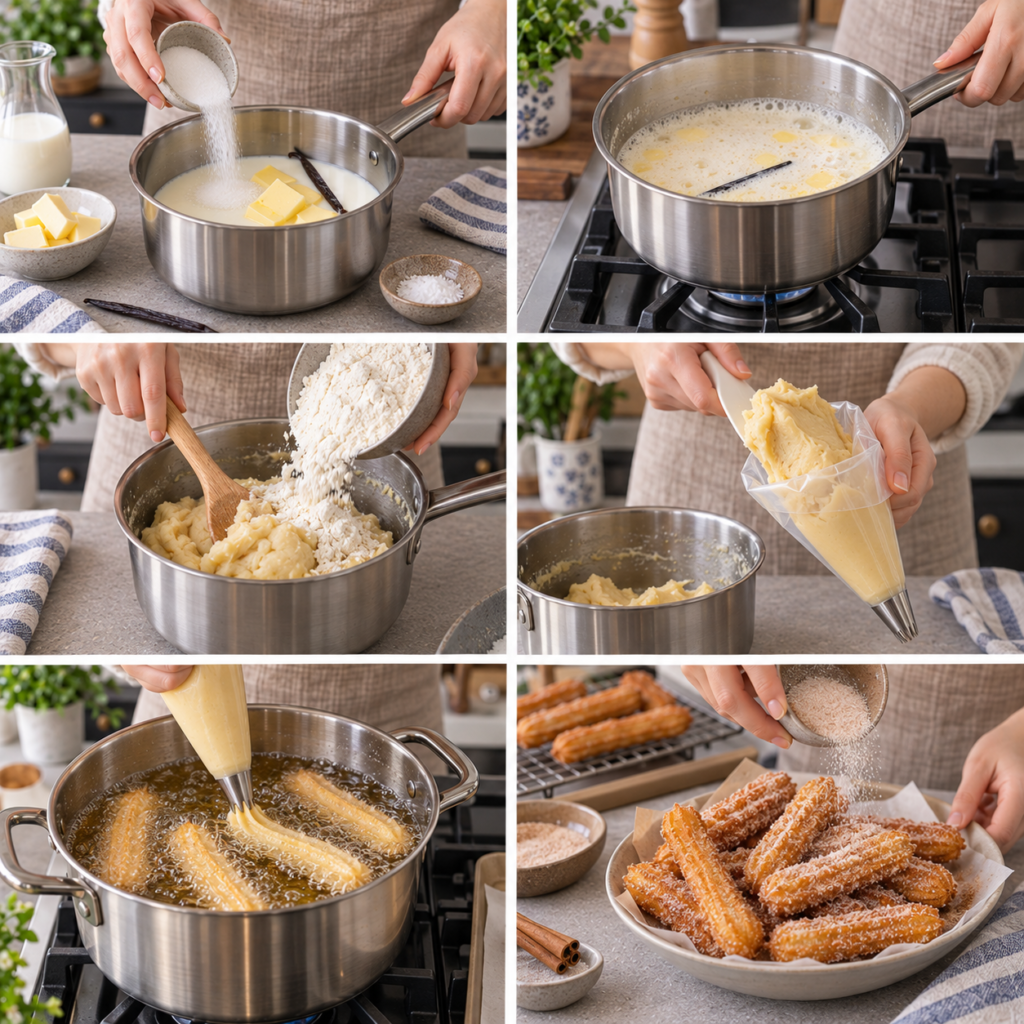 A cozy homemade cooking scene featuring a piping bag (poche à douille) with a fluted nozzle (douille cannelée) for making churros. In the foreground, the piping bag is filled with creamy vanilla churro dough, showcasing its texture and consistency. The middle ground captures a rustic kitchen table adorned with various baking tools and ingredients, including flour, sugar, and vanilla pods, evoking a warm, inviting atmosphere. Soft, natural lighting illuminates the scene from a nearby window, casting gentle shadows that enhance the homemade feel. In the background, a pot is boiling, hinting at the frying process, while an assortment of freshly made churros, golden and crisp, awaits to be served. The overall mood is cheerful and enticing, perfect for inspiring culinary creativity. Churros à la vanille maison