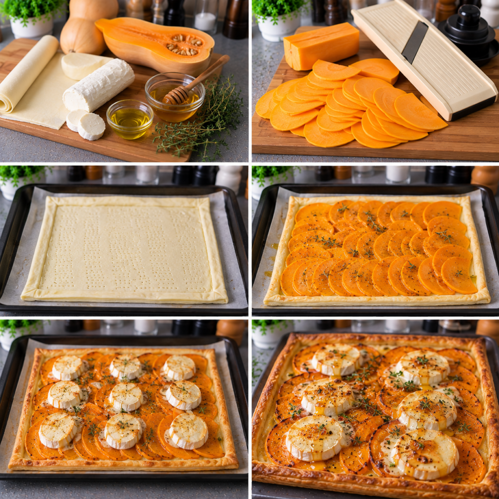 A rustic kitchen setting featuring a mandoline de cuisine prominently in the foreground, highlighting its stainless steel blades and wooden handle, reflecting a sense of craftsmanship. In the middle ground, a beautifully cut butternut squash, showcasing its vibrant orange flesh and smooth, creamy texture, lies beside a rolling pin and scattered flour, indicating ongoing preparation for a tart. The background features a warmly lit kitchen with wooden cabinets, herbs in pots, and a delicate light filtering through a window, creating a cozy, inviting atmosphere. The overall mood is warm and homely, perfect for a cooking scene that exudes comfort and creativity, captured in soft, natural lighting from the window. Tarte fine feuilletée à la courge butternut chèvre et miel