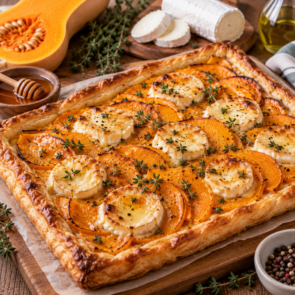 Tarte fine feuilletée à la courge butternut chèvre et miel