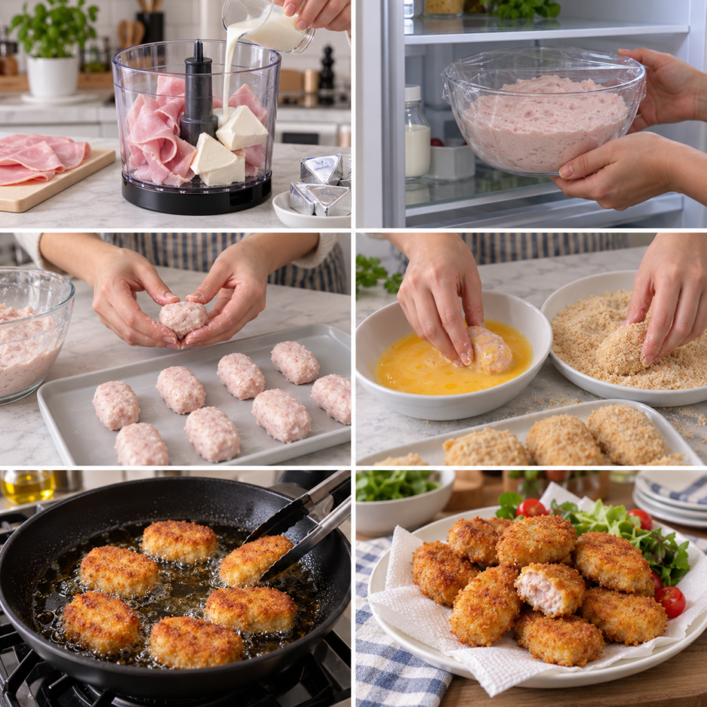 A cozy homemade cooking scene showcasing a delicious "farce au jambon et fromage Kiri." In the foreground, a beautifully crafted dish of golden-brown, crispy dumplings filled with ham and creamy Kiri cheese rests on a rustic wooden table. The dumplings should be artistically arranged, with visible textures highlighting their crispiness. In the middle ground, a wooden spoon and fresh herbs add a touch of color and freshness. In the background, soft, warm light streams through a window, illuminating a simple kitchen setting with vintage utensils and cozy decor. The atmosphere should evoke a sense of comfort and simplicity, perfect for a family meal or intimate gathering. Capture this scene from a slightly elevated angle to emphasize the food while maintaining the inviting charm of the kitchen. Nuggets de jambon au Kiri