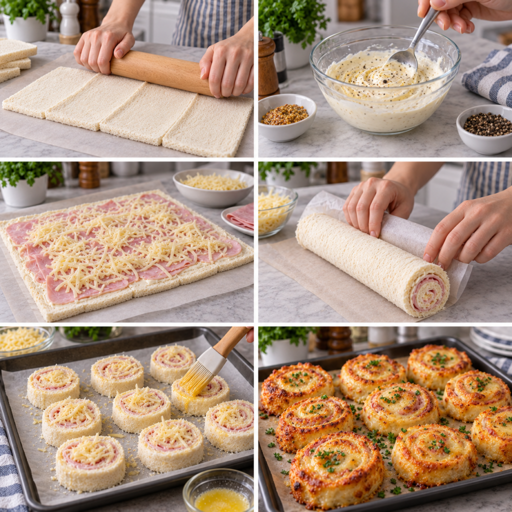 A cozy homemade cooking scene featuring escargots de croque-monsieur jambon fromage, elegantly arranged on a rustic wooden kitchen table. In the foreground, a beautifully plated dish with golden, crispy croque-monsieur rolls, generously filled with melted cheese and savory ham, intertwined with lush, vibrant herbs for garnish. In the middle ground, vibrant ingredients like fresh baguettes, herbs, and melted cheese are artfully displayed, while a frying pan sizzles nearby, hinting at the cooking process. The background reveals a warm, inviting kitchen with soft, ambient lighting from a vintage window, enhancing the golden hues of the dish. The overall mood is warm and inviting, evoking a sense of comfort and culinary delight, perfect for an appetizing presentation. Escargots de croque-monsieur jambon fromage