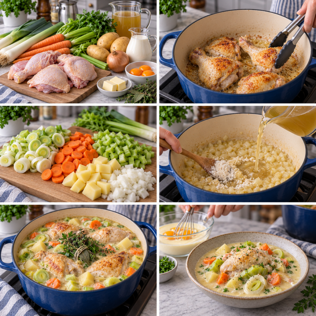 A cozy homemade cooking scene depicting the preparation of "Waterzooi de poulet aux légumes." In the foreground, a rustic wooden table showcases a beautifully presented bowl of creamy chicken waterzooi filled with tender vegetables, garnished with fresh herbs. A pot on the stove simmers gently, releasing steam that adds warmth to the scene. In the middle ground, an assortment of colorful vegetables like carrots, leeks, and potatoes are artfully arranged, next to a chopping board with a chef's knife, all under soft, natural lighting. The background features a quaint kitchen with warm wood tones, vintage kitchenware, and a window letting in golden afternoon light, creating a comforting and inviting atmosphere, perfect for illustrating the cooking process of this classic Flemish dish. Waterzooi de poulet aux légumes