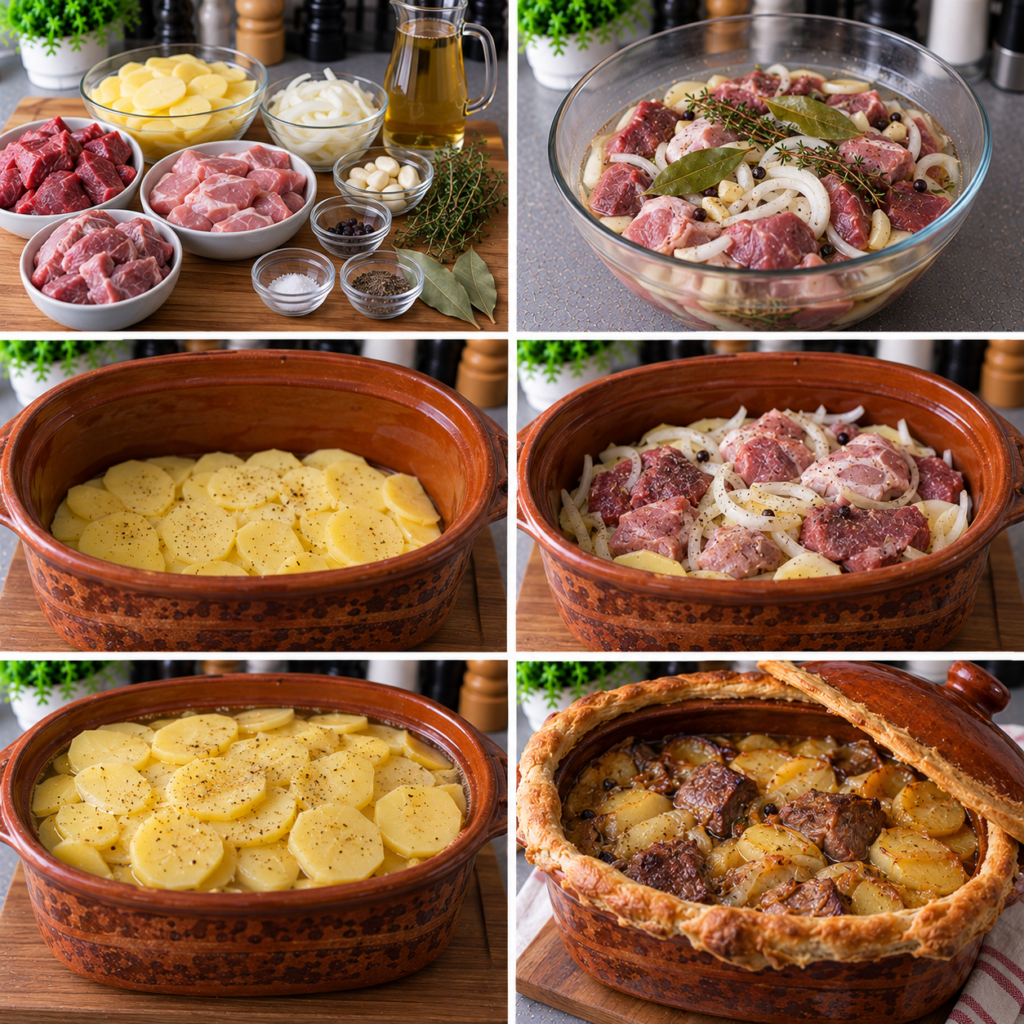 A cozy homemade cooking scene featuring "Baeckeoffe alsacien aux trois viandes," beautifully presented in a traditional clay pot on a rustic wooden kitchen table. The dish is steaming, showcasing the tender cuts of pork, beef, and lamb, layered with sliced potatoes and seasonal vegetables, all enveloped in a rich, aromatic white wine broth. In the foreground, a wooden spoon rests beside the pot, while in the middle ground, fresh herbs and a bottle of white wine add charm. The background features warm kitchen lighting, hinting at rustic decor, with shelves filled with spices and traditional Alsatian pottery. The atmosphere is inviting and warm, perfect for a family gathering. Baeckeoffe alsacien aux trois viandes