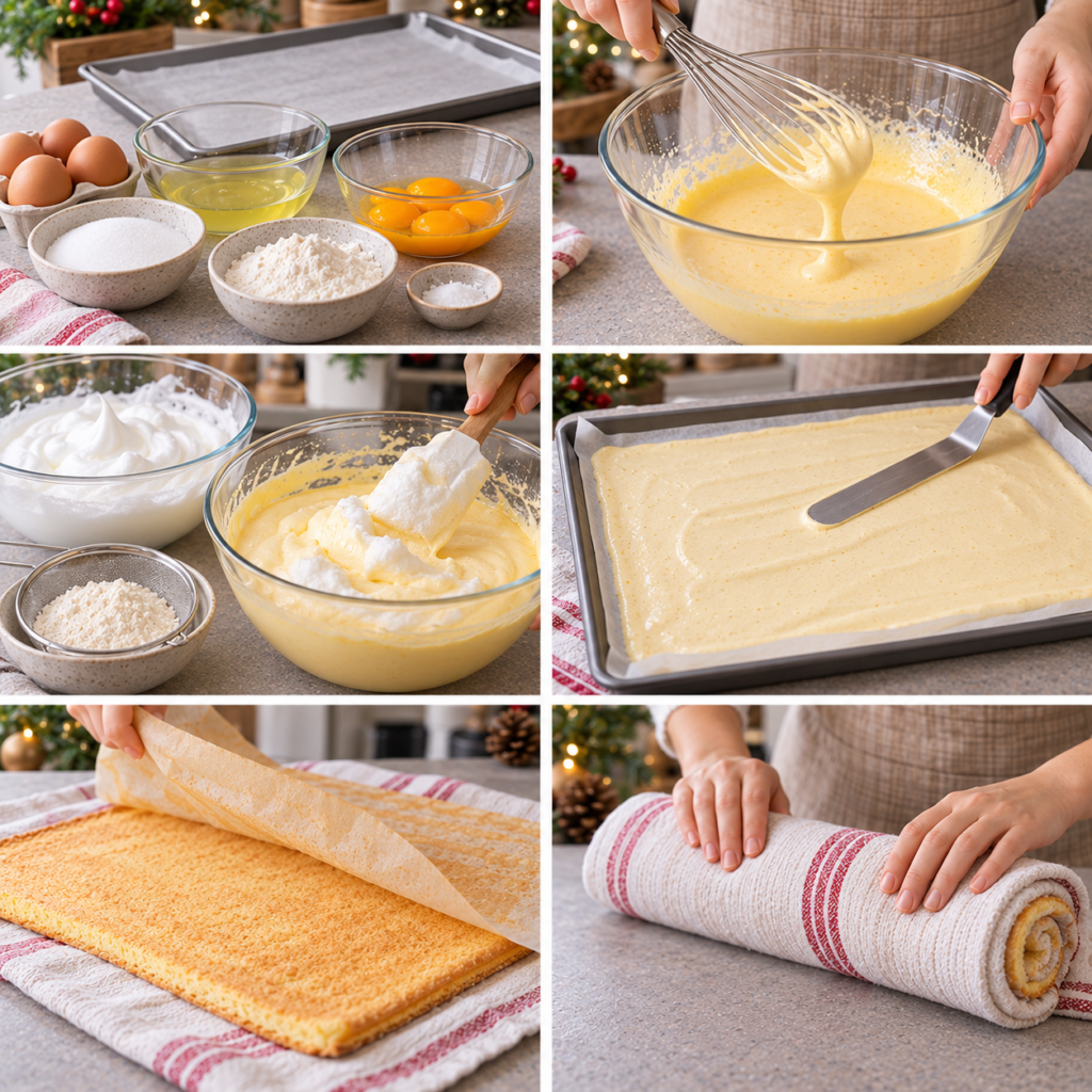 A cozy homemade cooking scene showcasing a freshly baked génoise sponge cake on a rustic wooden kitchen table. The génoise is lightly golden, fluffy, and perfectly rolled, hinting at its moist and airy texture, with a light dusting of powdered sugar on top. Surrounding the cake are ingredients like flour, eggs, and sugar in charming, glass bowls, along with a whisk and a recipe card. The warm, soft lighting creates a welcoming atmosphere, emphasizing the cake's inviting appearance. In the background, there are kitchen tools and decorations, such as hanging herbs and wooden utensils, enhancing the homey feel. Shoot from a slightly elevated angle to capture the cake and the surrounding elements, evoking a sense of warmth and comfort in the culinary process. Génoise pour bûche de Noël