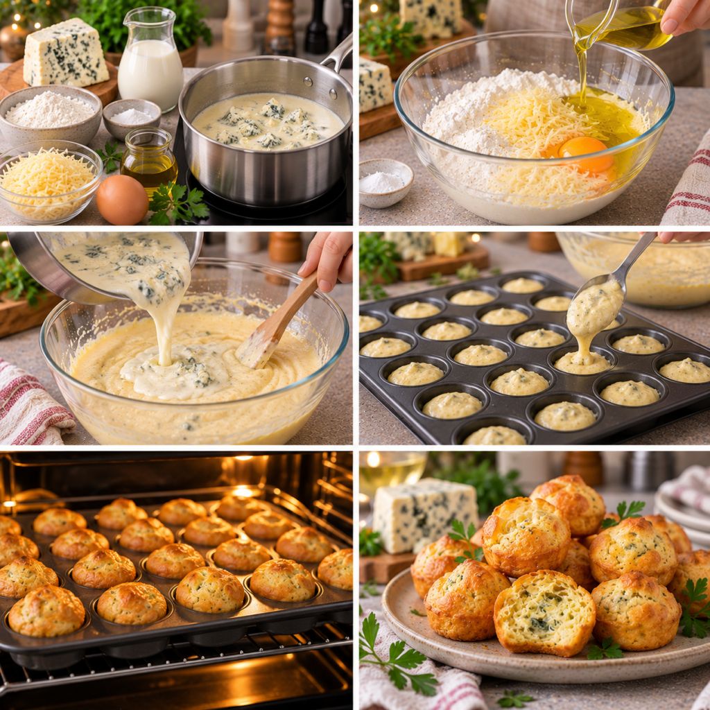 A cozy homemade cooking scene showcasing a petite casserole filled with fluffy roquefort cheese dough, perfectly golden-brown on top, with a slightly crispy texture. The casserole is resting on a rustic wooden kitchen table, surrounded by scattered ingredients such as crumbled roquefort cheese, fresh herbs, and a small bowl of olive oil. Soft, warm sunlight filters through a nearby window, casting gentle shadows that enhance the inviting atmosphere. The angle captures the dish from a slightly elevated perspective, focusing on its rich, creamy filling peeking from beneath the golden crust. In the background, there's a blurred glimpse of vibrant kitchen utensils and textured fabrics, creating a homely and culinary mood perfect for illustrating this delightful recipe. Petits bouchons au roquefort