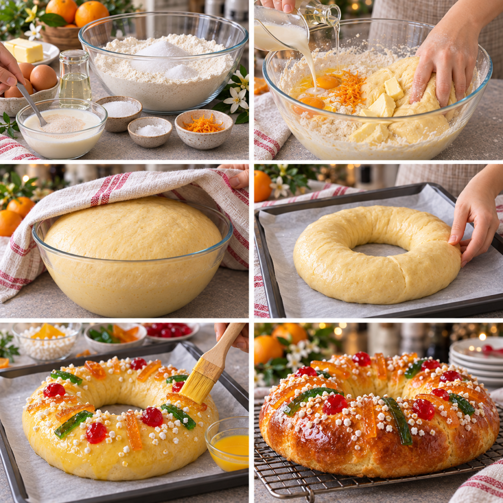 A cozy homemade cooking scene in a rustic kitchen, featuring the preparation of brioche dough for Brioche des Rois provençale. In the foreground, a wooden countertop holds a large mixing bowl filled with a creamy, fragrant dough, glistening with hints of orange blossom. Soft parchment paper lies beside it, slightly crumpled, ready for shaping. The middle ground showcases a rolling pin dusted with flour, and a mixture of candied fruits nearby, adding vibrant colors. In the background, warm sunlight filters through a window, casting gentle shadows, enhancing the inviting atmosphere. The scene is alive with the essence of homemade baking, evoking warmth and tradition, captured with a soft focus lens for an intimate feeling. Brioche des Rois provençale