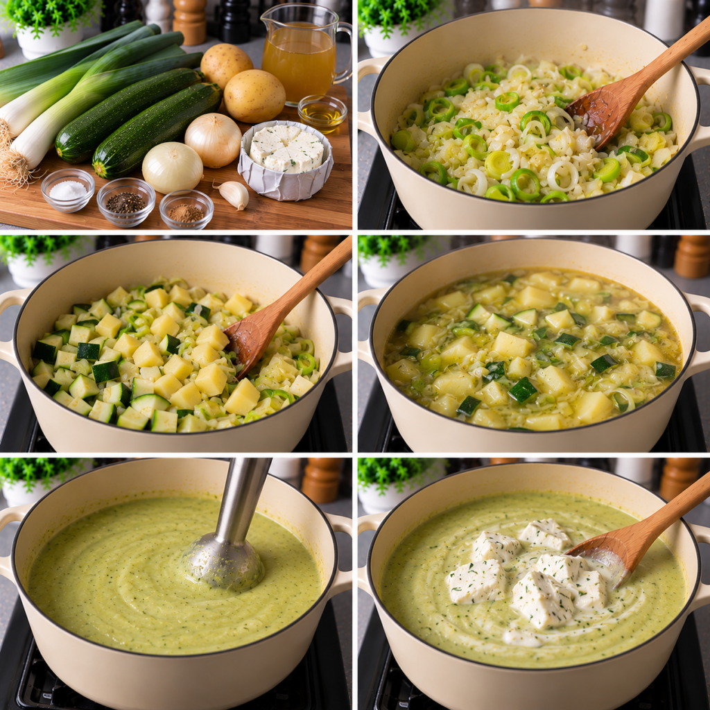 Soupe de poireaux au Boursin et courgettes