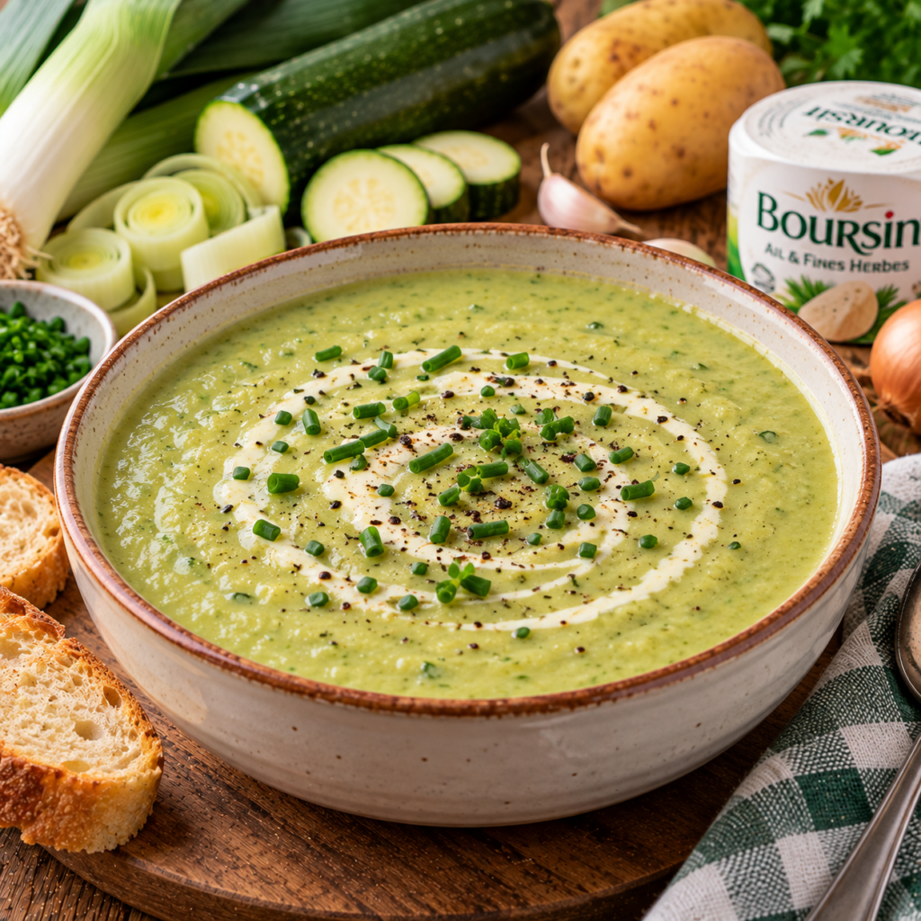 Soupe de poireaux au Boursin et courgettes