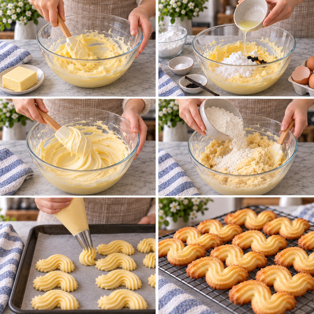 A cozy kitchen scene showcasing freshly baked "W-shaped biscuits" on a rustic wooden table. The biscuits are lightly golden brown, with a delicate texture that hints at their melt-in-your-mouth quality. The foreground features a beautifully arranged plate of these whimsical cookies, garnished with a dusting of powdered sugar. In the background, warm, soft lighting bathes the room, illuminating a vintage baking setup with ingredients like flour and eggs artfully displayed. A wooden rolling pin and baking parchment hint at the preparation process. The atmosphere is inviting and homely, evoking a sense of comfort and delight associated with baking. The scene captures the essence of creating these delectable treats, inviting viewers to imagine the delicious experience of baking and enjoying them. Sablés viennois de Pierre Hermé