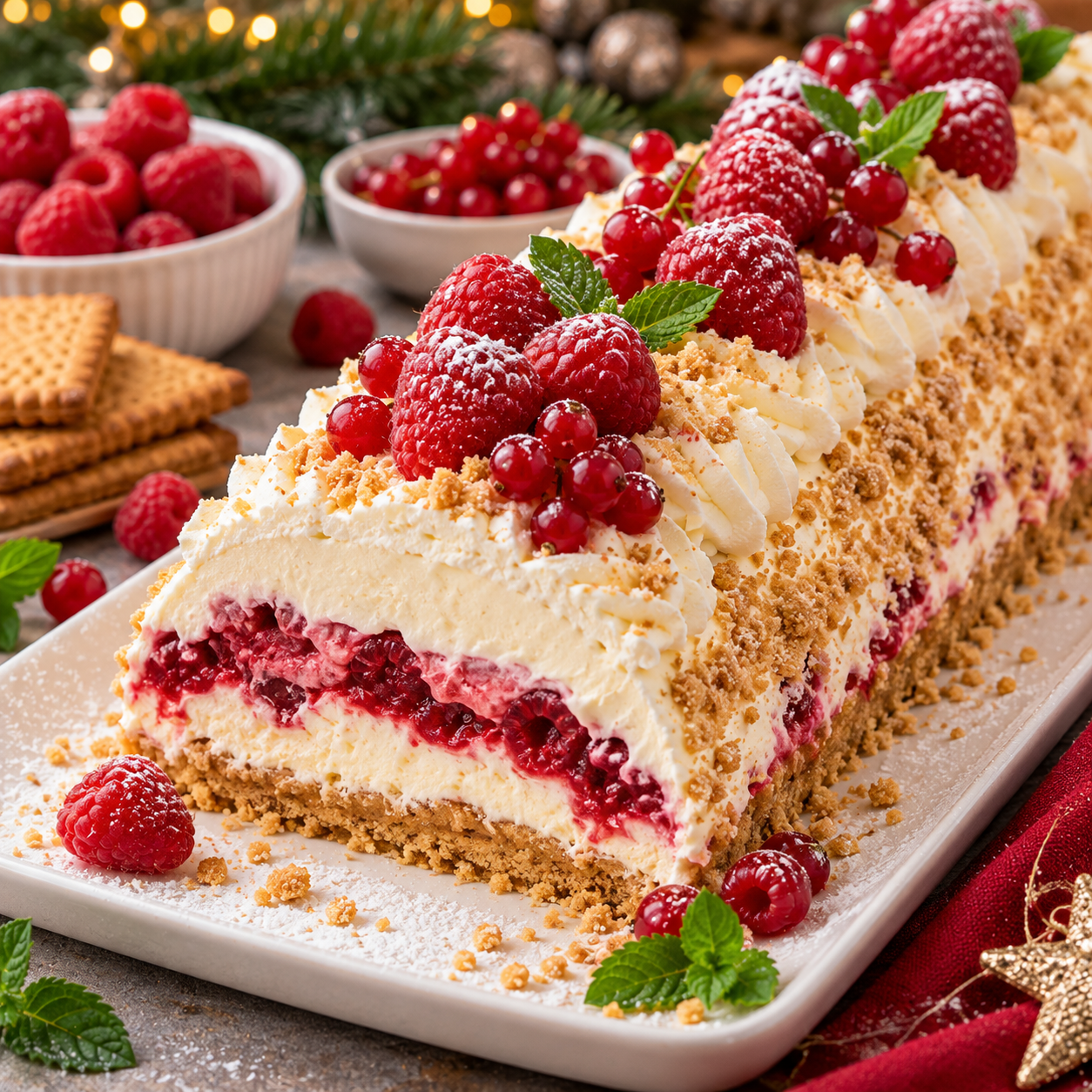 Bûche mascarpone et framboises sans cuisson