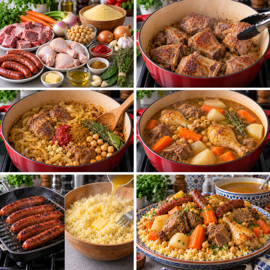 A cozy homemade cooking scene featuring "cuisson du couscous royal aux trois viandes." In the foreground, a beautifully arranged plate of fluffy couscous topped with succulent pieces of lamb, chicken, and beef, garnished with fresh herbs and spices. The middle ground showcases a traditional tagine pot, simmering with a fragrant broth filled with vegetables and spices, steam rising gently. In the background, a rustic kitchen with wooden shelves, filled with traditional cooking tools, and warm, inviting lighting filtering through a window, creating a soft, golden glow. The atmosphere is one of warmth and comfort, evoking the joy of home cooking and family gatherings. A shallow depth of field draws attention to the delicious details of the dish, capturing the richness of this flavorful meal. Couscous royal aux trois viandes