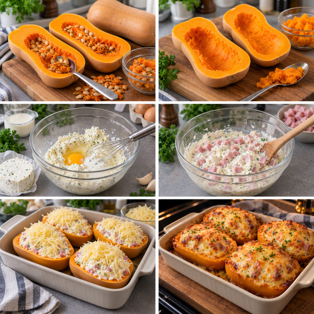 A cozy homemade cooking scene featuring a butternut squash half filled with a creamy mixture of ham and Boursin cheese, topped with a golden-brown crust. The foreground showcases the vibrant orange flesh of the butternut, overflowing with glossy, rich sauce. In the middle, delicate sprigs of fresh herbs decorate the dish, enhancing the inviting appearance. The rustic wooden table is adorned with subtle kitchen utensils and a soft linen napkin in the background. Warm, natural lighting creates a comforting atmosphere, highlighting the appetizing textures and colors of the dish. The angle captures the dish slightly off-center, emphasizing its creamy filling. The overall mood is inviting and homey, perfect for a delicious meal shared with loved ones. Butternut farcie au jambon et Boursin