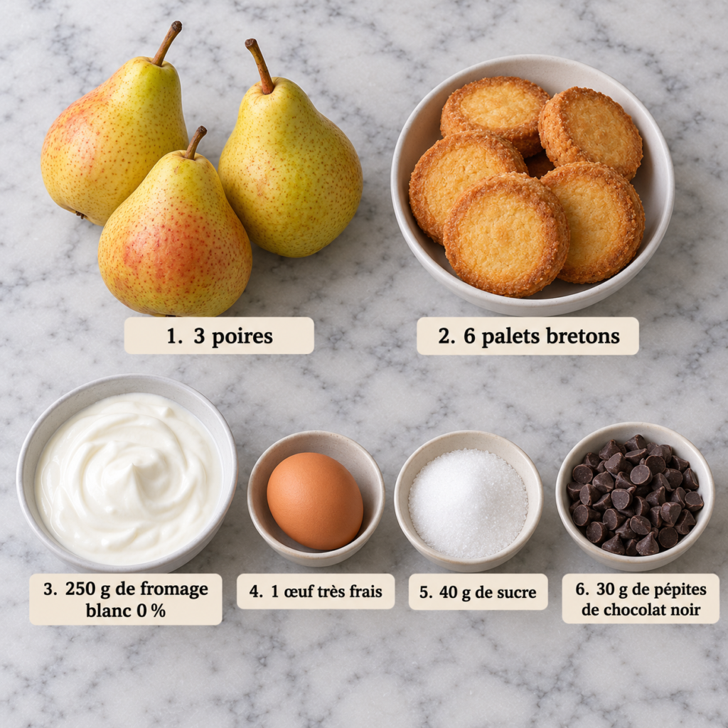 A cozy rustic kitchen scene showcasing the ingredients for verrines. In the foreground, a beautifully arranged collection of fresh conference pears, delicate Breton galettes, and a bowl of creamy mascarpone. A small jar of honey and a scattering of crushed nuts add texture and color. In the middle ground, a rustic wooden kitchen table reflects soft, warm lighting, highlighting the ingredients' natural colors. A backdrop of simple kitchen utensils, like a whisk and measuring cups, creates a homey atmosphere. The scene is bathed in golden afternoon light, casting gentle shadows. Capture the essence of a delicious dessert preparation, inviting and cheerful, evoking a sense of warmth and creativity in the kitchen. Verrines poire et palets bretons