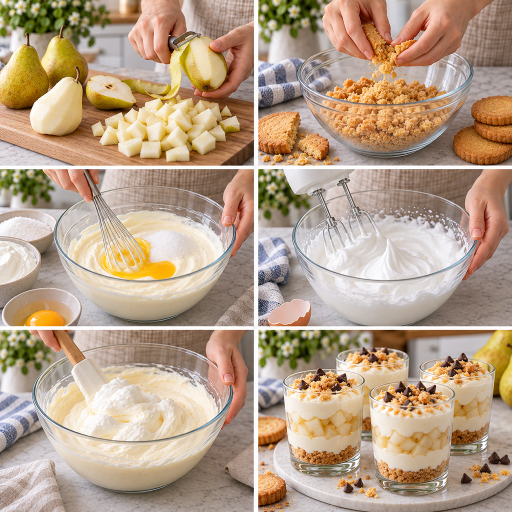 A cozy homemade cooking scene showcasing "poires fondantes" in elegant glass verrines on a rustic wooden kitchen table. The foreground features the delicate pears, perfectly sliced and arranged in a clear verrine, glistening with a light syrup. Beside the verrine, a crumbly Breton palet adds texture. In the middle, the kitchen table is adorned with a soft linen cloth and small kitchen utensils, suggesting an inviting ambiance. In the background, blurred shelves hold jars of preserves and spices, contributing to a warm, homey atmosphere. Soft, natural light filters through a nearby window, casting gentle shadows and highlighting the freshness of the ingredients. The mood is inviting and serene, perfect for showcasing this delightful dessert preparation. Verrines poire et palets bretons