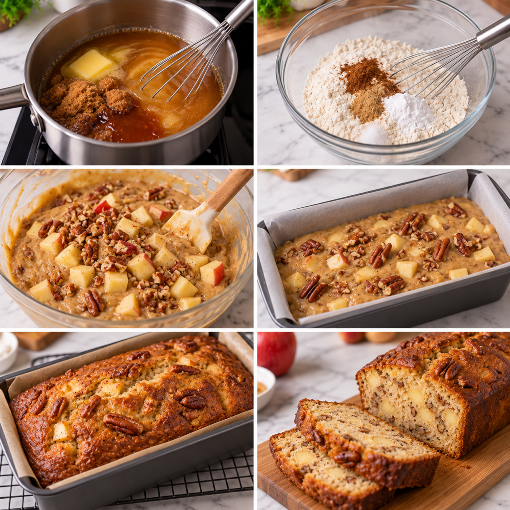 A cozy homemade cooking scene showcasing the preparation of an autumn apple cake. In the foreground, a freshly baked apple cake is placed on a rustic wooden cutting board, with slices revealing moist layers studded with apple chunks and pecans. A small bowl of maple syrup and a dish of cinnamon sit nearby, along with an assortment of fresh apples. In the middle, a cheerful kitchen environment can be seen, illuminated by warm, soft lighting that highlights the textures of the flour and ingredients scattered on the table. The background features wooden shelves filled with jars of spices and baking tools, creating a charming, inviting atmosphere. The angle is slightly above the table, capturing the delightful process and the essence of home baking. Cake d’automne aux pommes