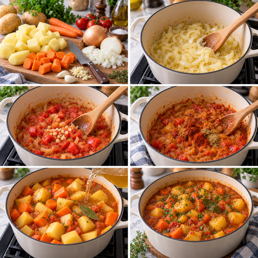 A cozy and inviting kitchen scene featuring a simmering pot of traditional potato stew, known as "ragoût mijoté". In the foreground, the bubbling pot is filled with chunks of golden potatoes, tender carrots, and fragrant herbs, steam rising enticingly. Surrounding the pot, wooden utensils and freshly chopped parsley add a rustic touch. The middle ground captures a well-worn kitchen table adorned with a checked cloth and a loaf of crusty bread, invitingly sliced. In the background, soft warm lighting from a nearby window illuminates shelves filled with spices and jars, enhancing the homely atmosphere. The image should evoke a sense of comfort and nostalgia, perfect for illustrating a simple family recipe. Ragoût de pommes de terre à l’ancienne