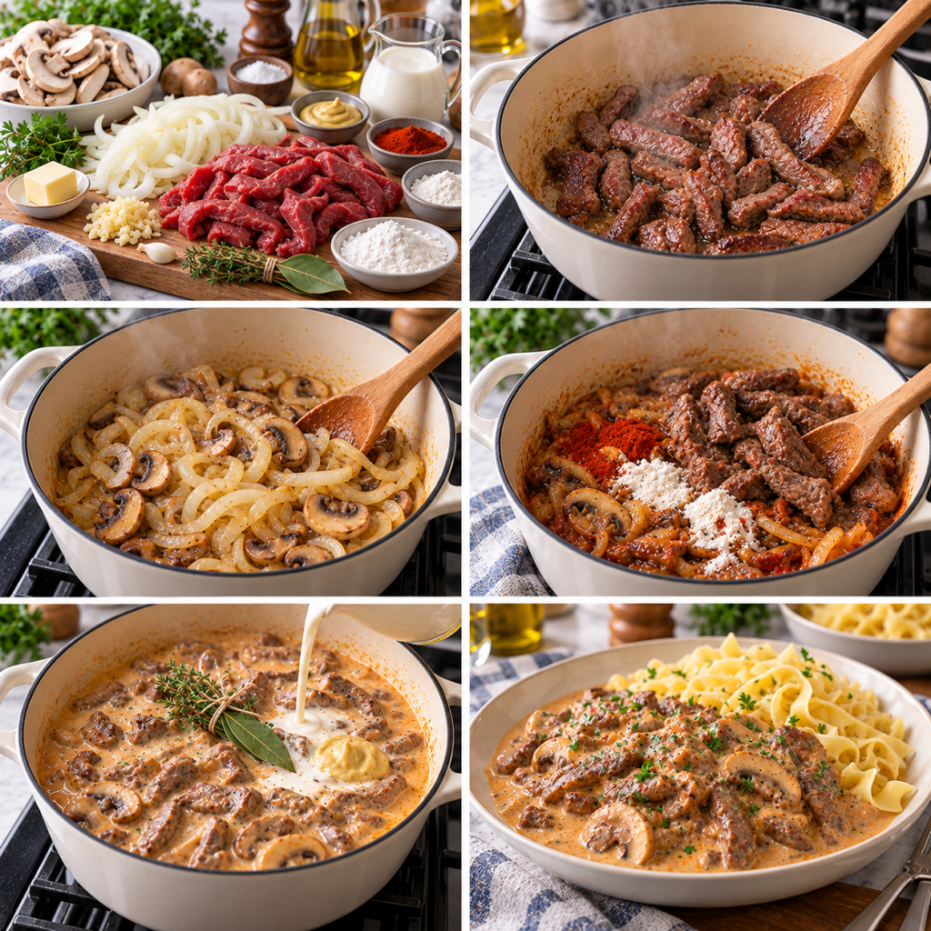 A cozy homemade cooking scene featuring Beef Stroganov in a beautiful ceramic dish, garnished with fresh parsley, placed on a rustic wooden kitchen table. In the foreground, kitchen utensils like a wooden spoon and a small bowl with paprika and cream add detail to the composition. In the middle, a textured cloth softly contrasts with the warm wood. The background showcases a softly lit kitchen, with hanging pots and herbs, creating a welcoming, inviting atmosphere. The lighting is warm and diffused, enhancing the creamy, rich colors of the dish. The overall mood is one of comfort and delicious anticipation, ideal for a step-by-step culinary guide. Bœuf Stroganov à la crème et paprika