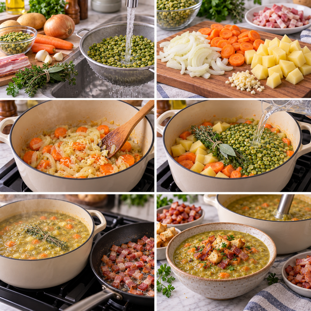 A cozy homemade cooking scene depicting the process of making split pea soup. In the foreground, a large pot filled with vibrant green split peas simmering on a rustic wooden stove, with steam rising gently. Scattered ingredients like diced bacon, chopped onions, and fresh herbs surround the pot. In the middle ground, a well-used wooden cutting board holds more vegetables, while a wooden ladle rests beside the pot. The background features a warm, inviting kitchen with wooden cabinets and sunlight streaming through a window, creating an inviting atmosphere. Soft, natural lighting accentuates the textures of the ingredients, evoking a sense of comfort and home-cooked warmth. The scene captures the essence of preparation and generational recipes passed down in a charming, rustic setting. Soupe de pois cassés au lard