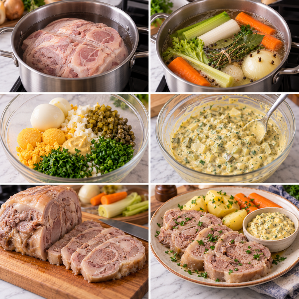A cozy homemade cooking scene showcasing a beautifully presented "cuisson tête de veau" on a rustic wooden kitchen table. In the foreground, the tender veal head is elegantly arranged, glistening from a rich, savory sauce gribiche, adorned with fresh herbs and lemon slices for a touch of color. Surrounding the dish are fresh ingredients like parsley, capers, and whole lemons, adding a vibrant, inviting feel. In the middle ground, kitchen utensils and a pot simmering on a stove are softly blurred to create depth. The background features warm, natural light streaming in through a window, creating a homely, inviting atmosphere. The scene evokes a sense of comfort and tradition, perfect for illustrating the cooking process of this classic French dish without any text or distractions. Tête de veau traditionnelle sauce gribiche