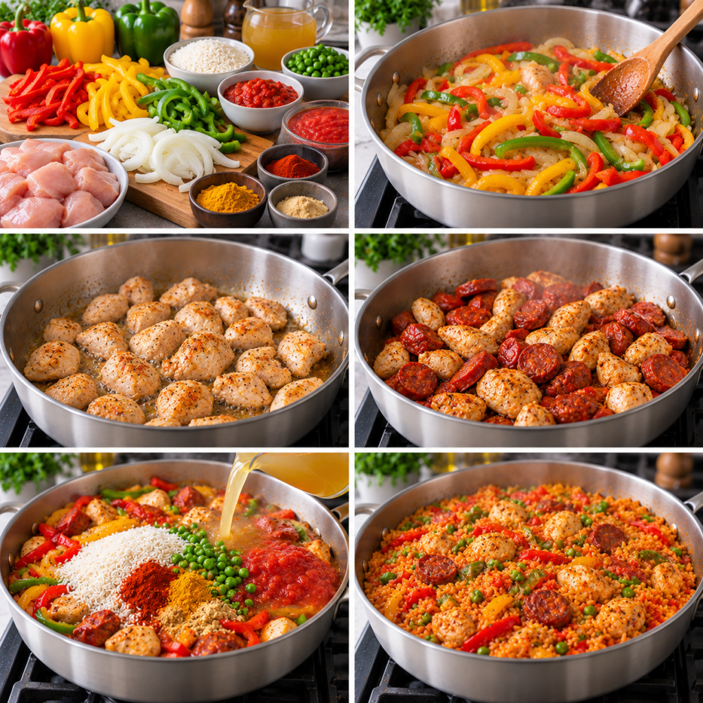 A cozy homemade cooking scene featuring a large sauté pan filled with vibrant chicken pieces, sautéed bell peppers in red and green, and sliced chicken chorizo. The pan is bubbling gently, releasing aromatic steam in a rustic kitchen setting. In the foreground, a wooden table holds various colorful vegetables ready for cooking, while a soft, warm light filters in from a nearby window, creating a welcoming atmosphere. In the background, shelves stocked with jars of spices and herbs add a touch of homey charm. The camera angle is slightly above the table, capturing the rich colors and textures of the dish, evoking a sense of warmth and culinary creativity. Riz à l’espagnole au poulet et aux poivrons