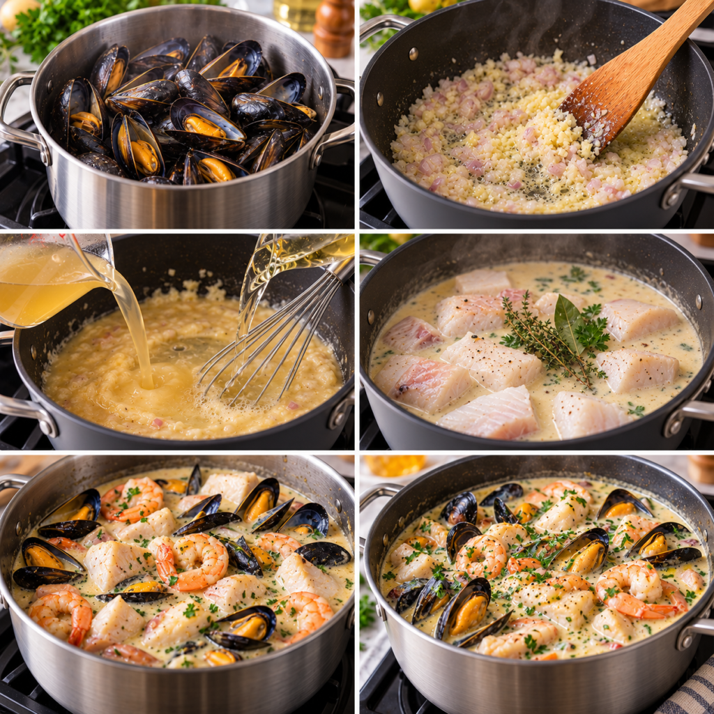 A rustic wooden cutting board sits prominently in the foreground, adorned with a variety of fresh ingredients essential for making "Marmite Dieppoise." Vibrant, colorful pieces of fish, succulent shrimp, and plump mussels are artfully arranged alongside aromatic herbs and sliced garlic. The middle ground features a cozy kitchen setting, with soft, warm lighting illuminating a saucepan gently simmering on a stove, showcasing a creamy seafood broth. In the background, shelves adorned with jars of spices and cooking utensils hint at a homey atmosphere, enhancing the inviting scene. The mood is warm and relaxed, capturing the essence of a traditional Norman kitchen, where the focus is on the joy of cooking. The angle is slightly elevated, providing a clear view of the cutting board and the vibrant ingredients. Marmite dieppoise généreuse