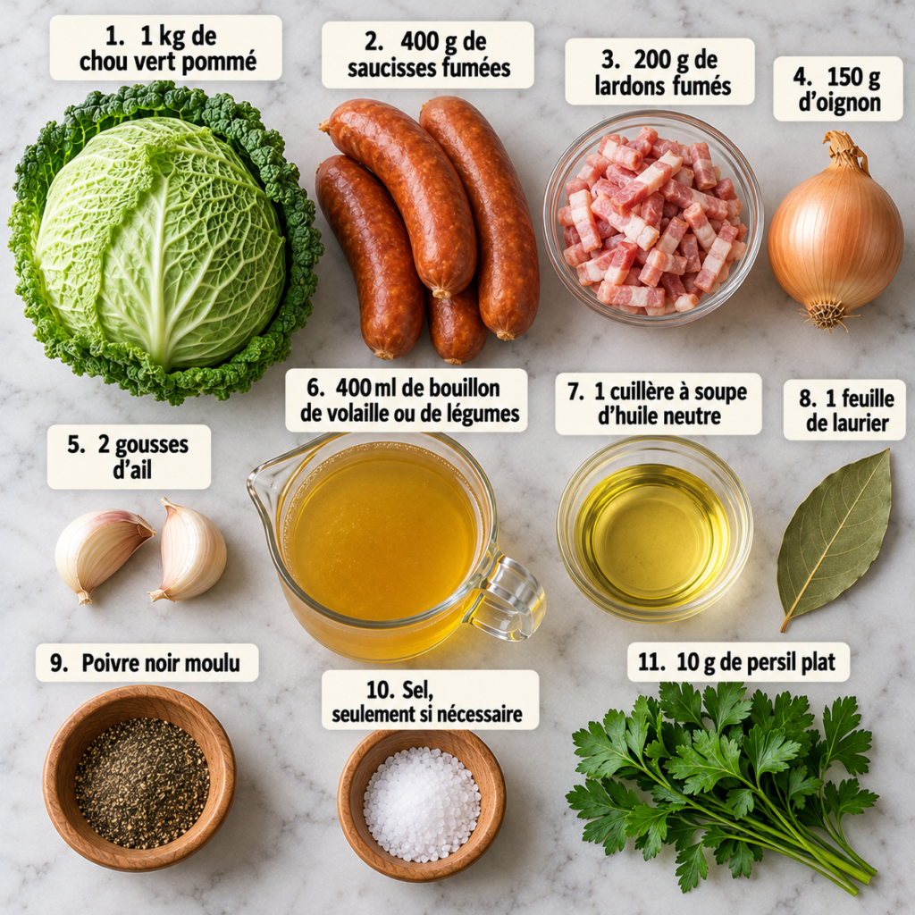 A cozy kitchen scene, focusing on the preparation of ingredients for a cabbage stew. In the foreground, a rustic wooden cutting board is laden with chopped green cabbage, diced smoked sausage, and crispy bacon bits, glistening with a hint of oil. Scattered around are freshly minced garlic and thyme sprigs. In the middle ground, a large cast-iron pot sits on a gas stove, ready for cooking, with an inviting warm glow emanating from its surface. The background features soft-focus shelves filled with herbs and spices, alongside a variety of colorful vegetables. The lighting is warm and inviting, reminiscent of a sunny afternoon, creating a comforting and homely atmosphere. The angle captures the scene from slightly above, giving a vibrant overview of the ingredients being prepared. Mijoté de chou aux saucisses fumées et lardons