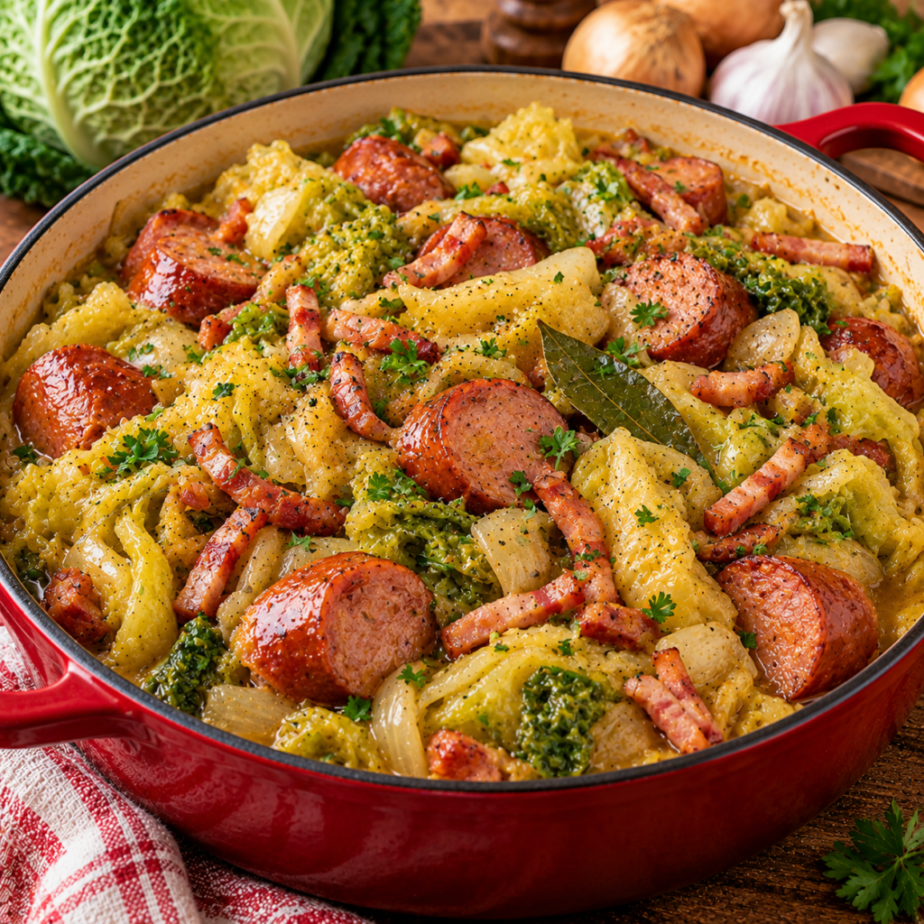 Mijoté de chou aux saucisses fumées et lardons
