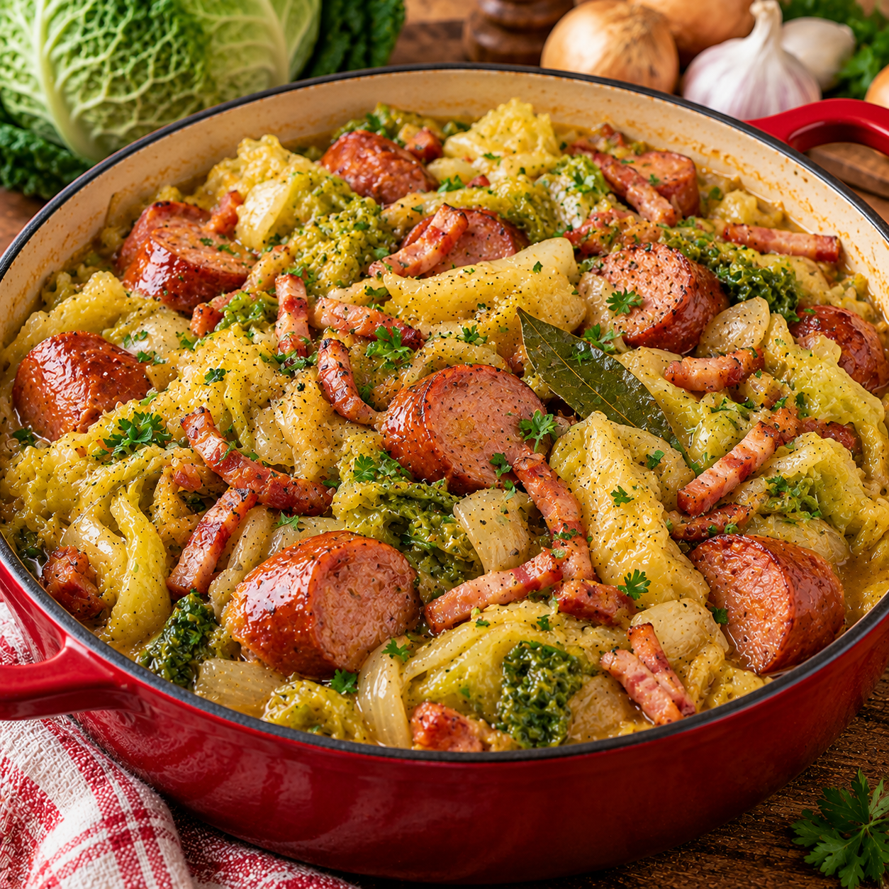 Mijoté de chou aux saucisses fumées et lardons