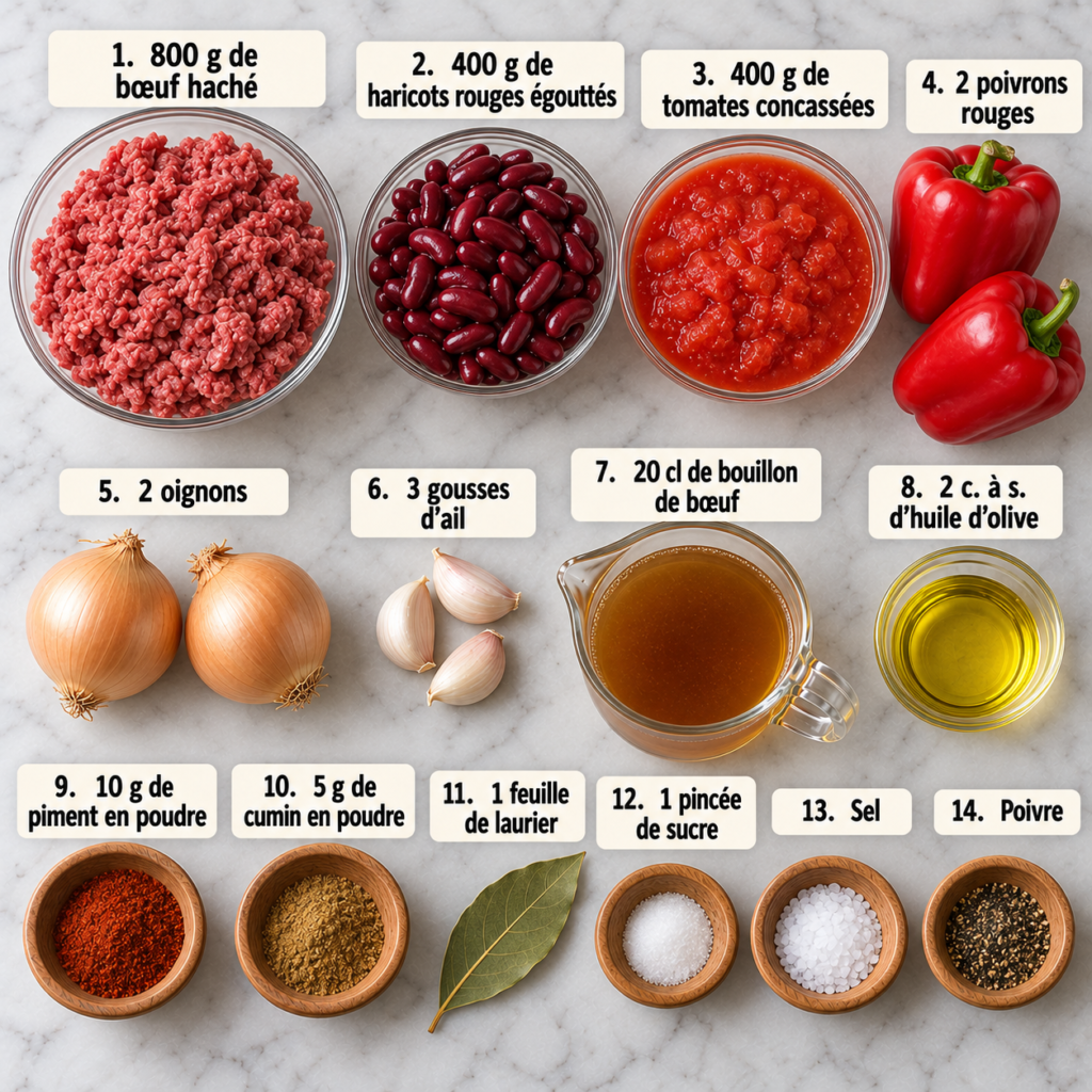 A cozy homemade cooking scene featuring the ingredients for chili con carne arranged on a rustic wooden kitchen table. In the foreground, display vibrant red kidney beans, ground beef, diced tomatoes, and a colorful assortment of spices like chili powder, cumin, and paprika. A chopping board with fresh onions and garlic sits nearby, along with a jar of olive oil. In the middle ground, include a pot simmering on a stove, with steam gently rising to create a warm atmosphere. The background showcases a charming kitchen with wooden shelves filled with herbs and spices, bathed in soft, natural lighting that highlights the textures and colors of the ingredients. The mood is inviting and homely, perfect for a delicious cooking experience. Chili con carne