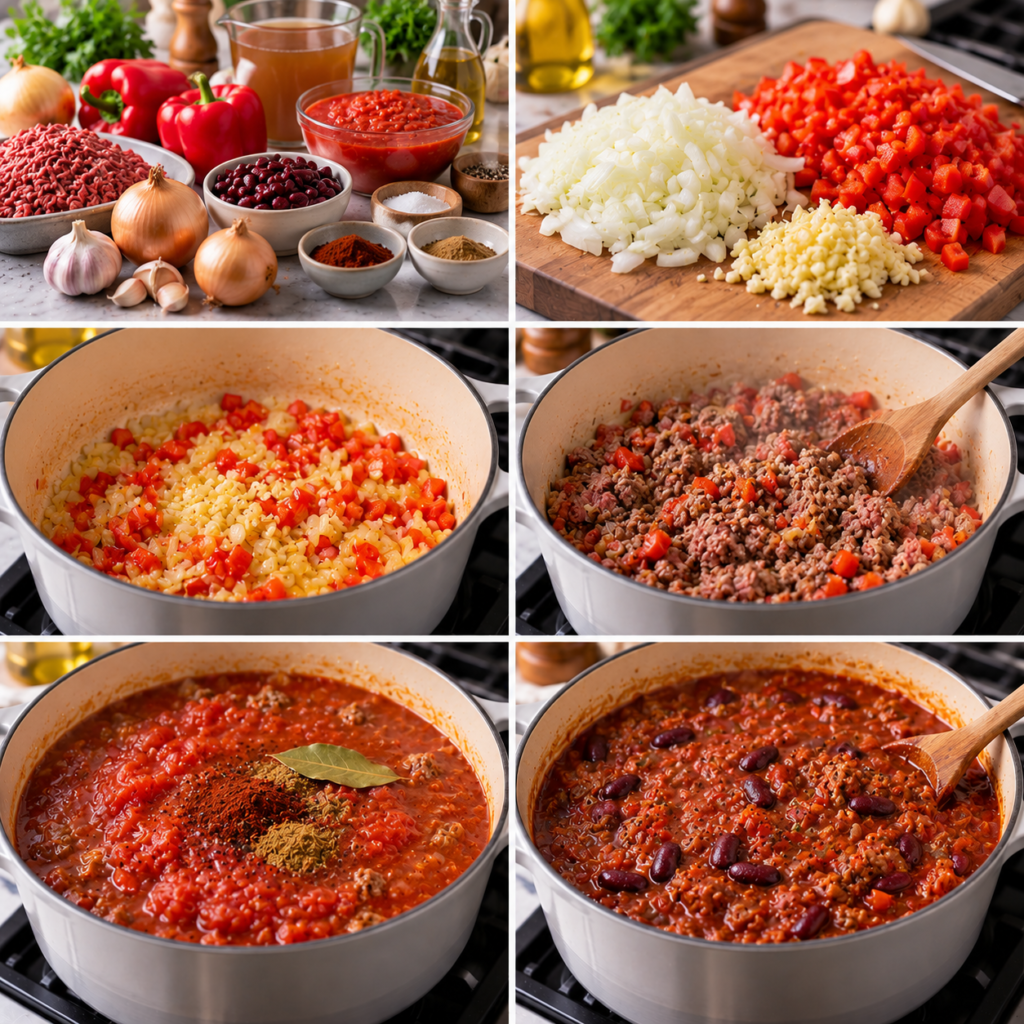 A cozy homemade cooking scene featuring a vibrant bowl of chili con carne on a rustic kitchen table. The foreground showcases a hearty dish filled with tender pieces of beef, kidney beans, and bright red tomatoes, garnished with fresh cilantro. Surrounding the bowl are colorful ingredients like chopped onions, garlic, vibrant chili peppers, and a sprinkle of spices in small bowls. In the middle ground, a cast-iron skillet simmers on the stove, releasing steam that hints at the warmth of the cooking process. To the back, warm wooden shelves hold various spices, and soft, warm lighting bathes the scene, creating an inviting and homely atmosphere. The camera angle captures the essence of a kitchen filled with love, focusing on the details of preparation. Chili con carne