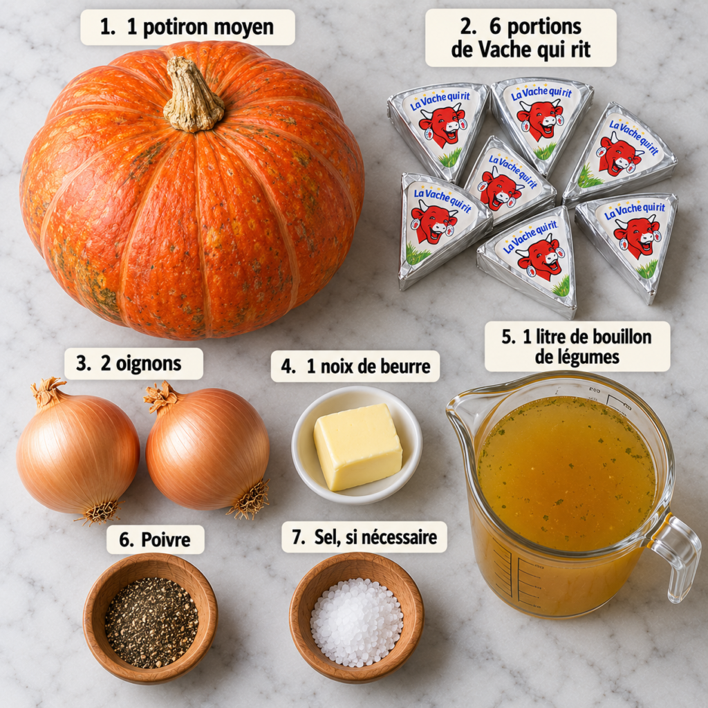 A cozy homemade cooking scene featuring a rustic wooden kitchen table adorned with the ingredients for "potage au potiron." In the foreground, showcase a vibrant, halved pumpkin with its seeds visible, surrounded by diced onions, garlic cloves, and fresh herbs like thyme and parsley. The middle layer includes a cutting board with a knife and a pot filled with vegetable broth, all set against the backdrop of soft, warm lighting streaming in through a window, creating an inviting atmosphere. The kitchen features wooden shelves lined with spices and a bowl of Vache qui rit cheese. Capture the essence of comfort and warmth in this intimate cooking environment. The composition should emphasize the rich colors and textures of the ingredients while maintaining a bright, welcoming vibe. Potage au potiron et Vache qui rit