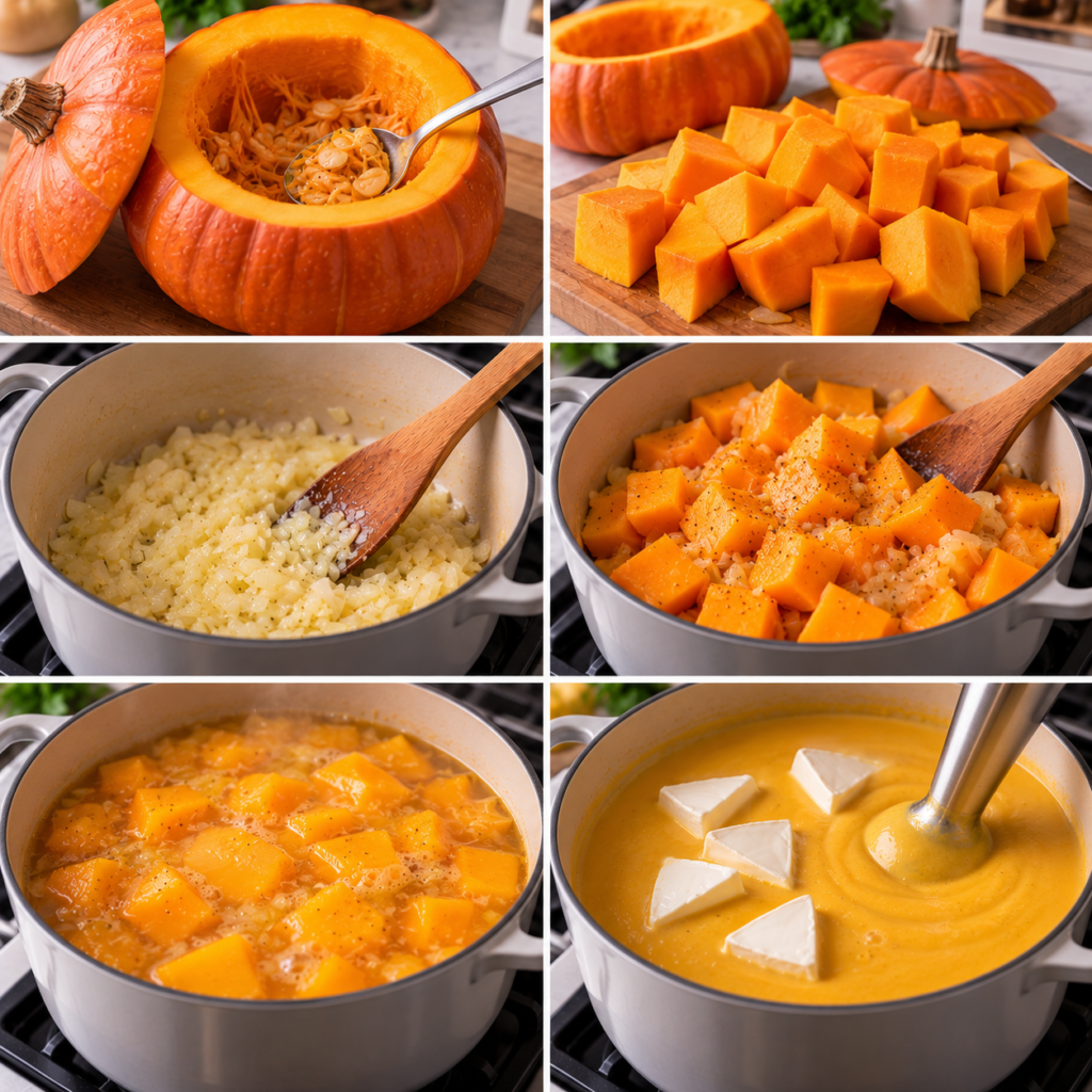 A cozy rustic kitchen scene featuring the process of cooking pumpkin soup. In the foreground, a vibrant orange pumpkin is being cut open, with seeds spilling onto a wooden cutting board. A wooden spoon rests nearby, and a pot of simmering soup is visible on the stove, emitting gentle steam. The middle ground showcases various fresh ingredients, such as onions, garlic, and herbs, arranged on the kitchen table, along with a block of creamy Vache qui rit ready to be added. In the background, warm light filters through a window, highlighting a charming and inviting atmosphere, with kitchen utensils and pots hanging on the wall. The mood is comforting and homely, perfect for a warm fall dish. Potage au potiron et Vache qui rit