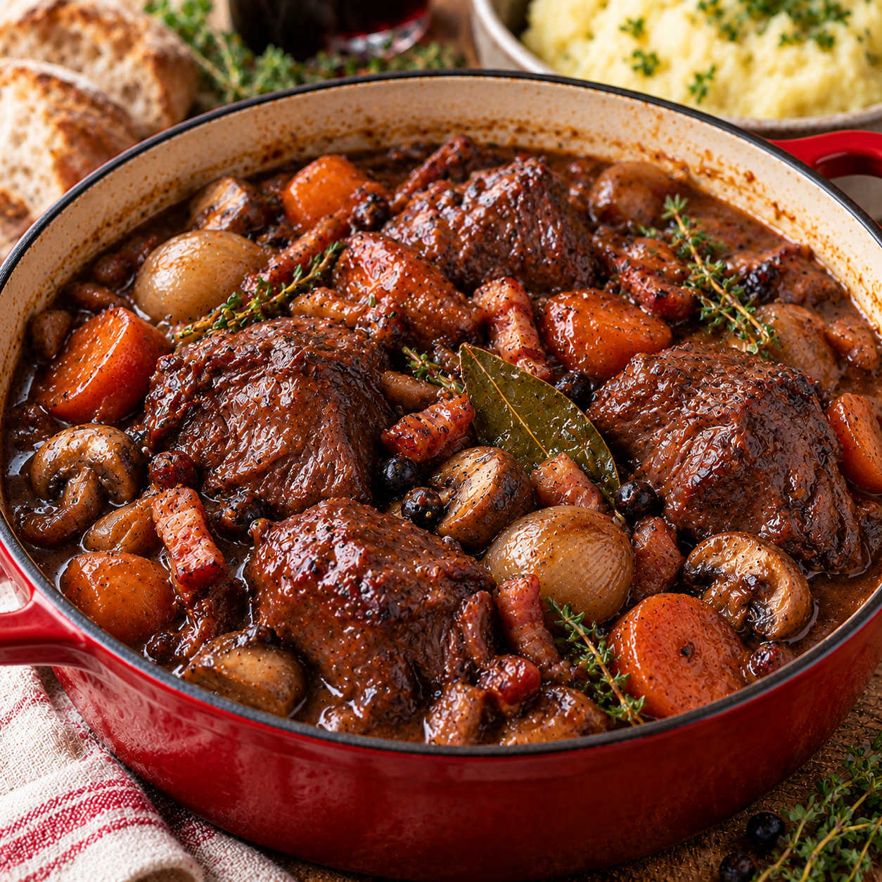 Civet de sanglier au vin rouge corsé