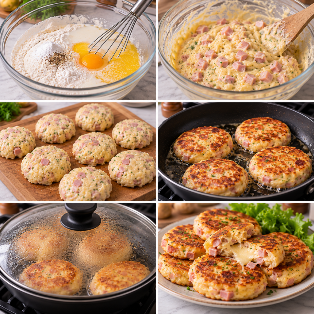 A cozy homemade cooking scene showcasing golden, pan-fried ham and cheese galettes resting on a rustic wooden kitchen table. In the foreground, the galettes are beautifully arranged, with a crispy golden exterior and melted cheese oozing from the edges. Fresh herbs like parsley and chives lightly garnish the plates. In the middle, a frying pan with a slight sheen of oil sits on the stove, with the last galette cooking, capturing the sizzling moment. The background reveals a warm, inviting kitchen atmosphere, with soft, natural light streaming through a window, highlighting the textures of the wooden table and kitchen utensils. The composition evokes a sense of comfort and delicious home-cooked meals, perfect for a savory treat. Galettes Moelleuses Jambon et Fromage
