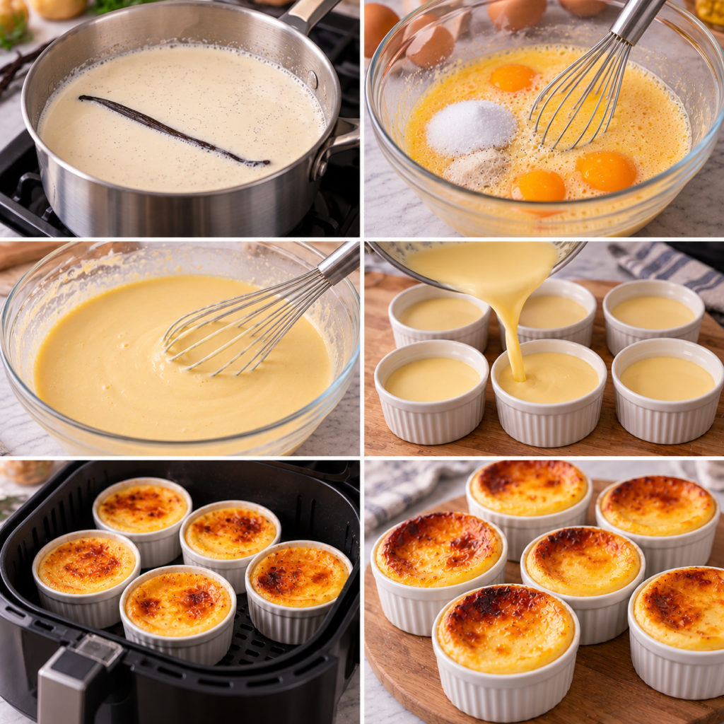 A cozy rustic kitchen scene featuring an "appareil à flan" set against a warm wooden table. In the foreground, the flan maker is elegantly arranged with a glossy finish, showcasing its shiny metallic surface. Surrounding it are fresh vanilla pods, eggs, and a small bowl of sugar, hinting at the creamy vanilla preparation. In the middle ground, a softly glowing kitchen window allows gentle natural light to illuminate the scene, casting delicate shadows. Soft, muted colors create a warm, inviting atmosphere, enhanced by the presence of cozy kitchenware like a patterned dish towel and a vintage whisk. In the background, blurred shelves filled with jars of ingredients and a potted herb add depth to the inviting culinary setting. The overall mood is serene and homely, encouraging a sense of creativity in cooking. Petits flans de Mamie à l’Air Fryer