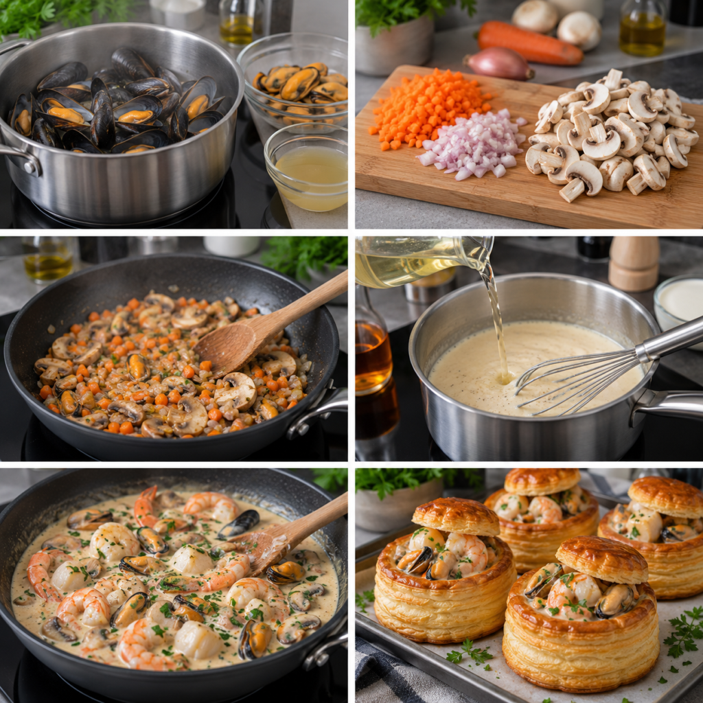A cozy kitchen scene showcasing the preparation of puff pastry for vol-au-vent. In the foreground, a wooden kitchen table is adorned with flour, a rolling pin, and neatly arranged seafood ingredients like shrimp, scallops, and herbs. A beautifully textured sheet of dough, partially rolled out and dusted with flour, lies in the center. In the middle ground, a chef in a neat white apron expertly shapes the dough, embodying precision and focus. The soft, warm light from a window illuminates the scene, creating a homely atmosphere. In the background, rustic wooden shelves filled with various cooking utensils and fresh vegetables complete the inviting culinary setting, evoking a sense of tradition and craftsmanship in seafood cuisine.