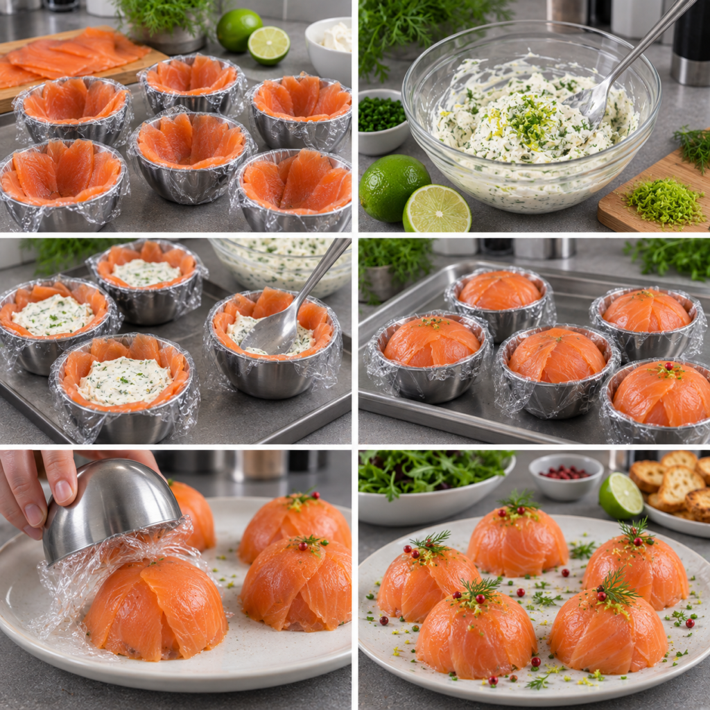 A cozy homemade cooking scene featuring elegant "moule demi-sphère" filled with smoked salmon, cream cheese, and lime zest, presented on a rustic wooden kitchen table. In the foreground, the half-sphere domes are garnished with fresh herbs and placed on a handmade ceramic dish. The middle layer includes a few lime slices and sprigs of dill artfully arranged around the dish. In the background, a softly lit kitchen with warm tones creates a welcoming atmosphere, with blurred shelves displaying fresh ingredients and cooking utensils. Soft, natural light illuminates the scene from a nearby window, casting gentle shadows that enhance the textures of the food. The overall mood is fresh, chic, and inviting, perfect for a stylish appetizer presentation. Dômes de saumon fumé au fromage frais et citron vert