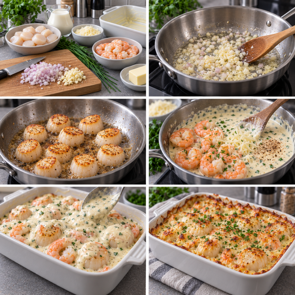 A cozy homemade cooking scene featuring a rustic kitchen table. In the foreground, a beautifully arranged dish of Gratin de Saint-Jacques, topped with melted cheese and fresh herbs, surrounded by succulent shrimp. To the side, a small bowl filled with ingredients: scallops, shrimp, breadcrumbs, and chopped parsley, all freshly prepared. In the middle, a wooden cutting board holds an array of additional ingredients—cream, garlic cloves, and cheese, with a pair of cooking utensils nearby. The background includes soft, warm lighting that highlights the textures and colors of the food, evoking a welcoming and comforting atmosphere. The camera angle is slightly elevated, capturing the inviting scene in a vibrant, yet tranquil kitchen setting. Gratin de Saint-Jacques et crevettes