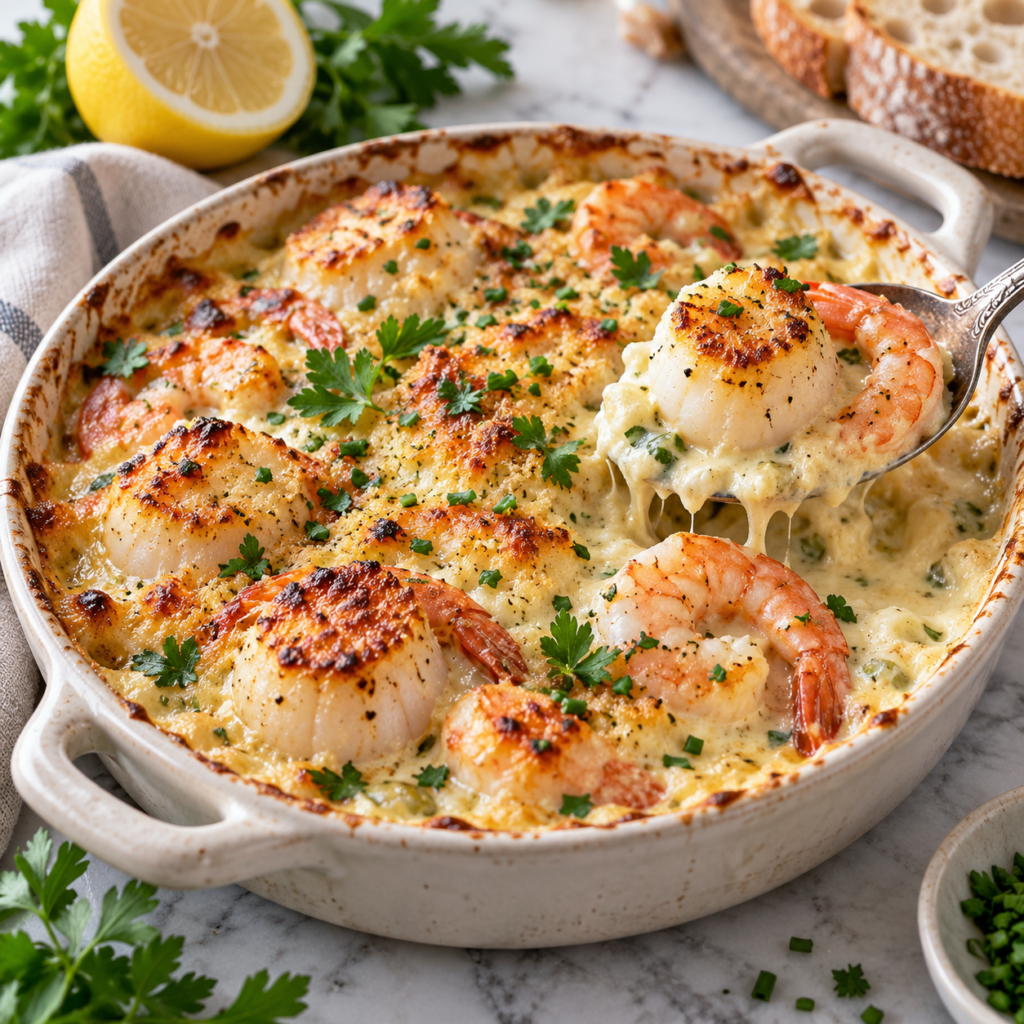 Gratin de Saint-Jacques et crevettes