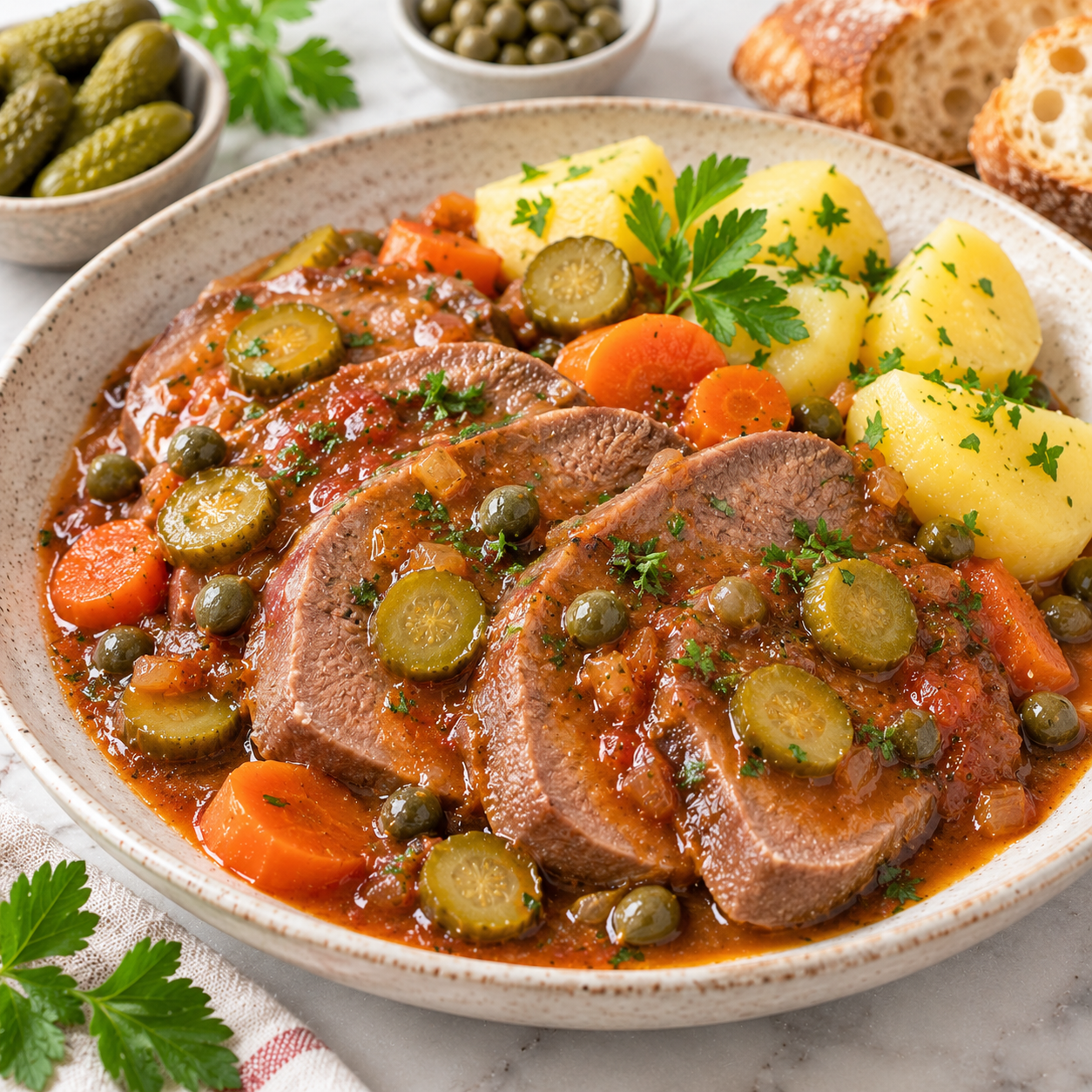 Langue de bœuf mijotée aux cornichons