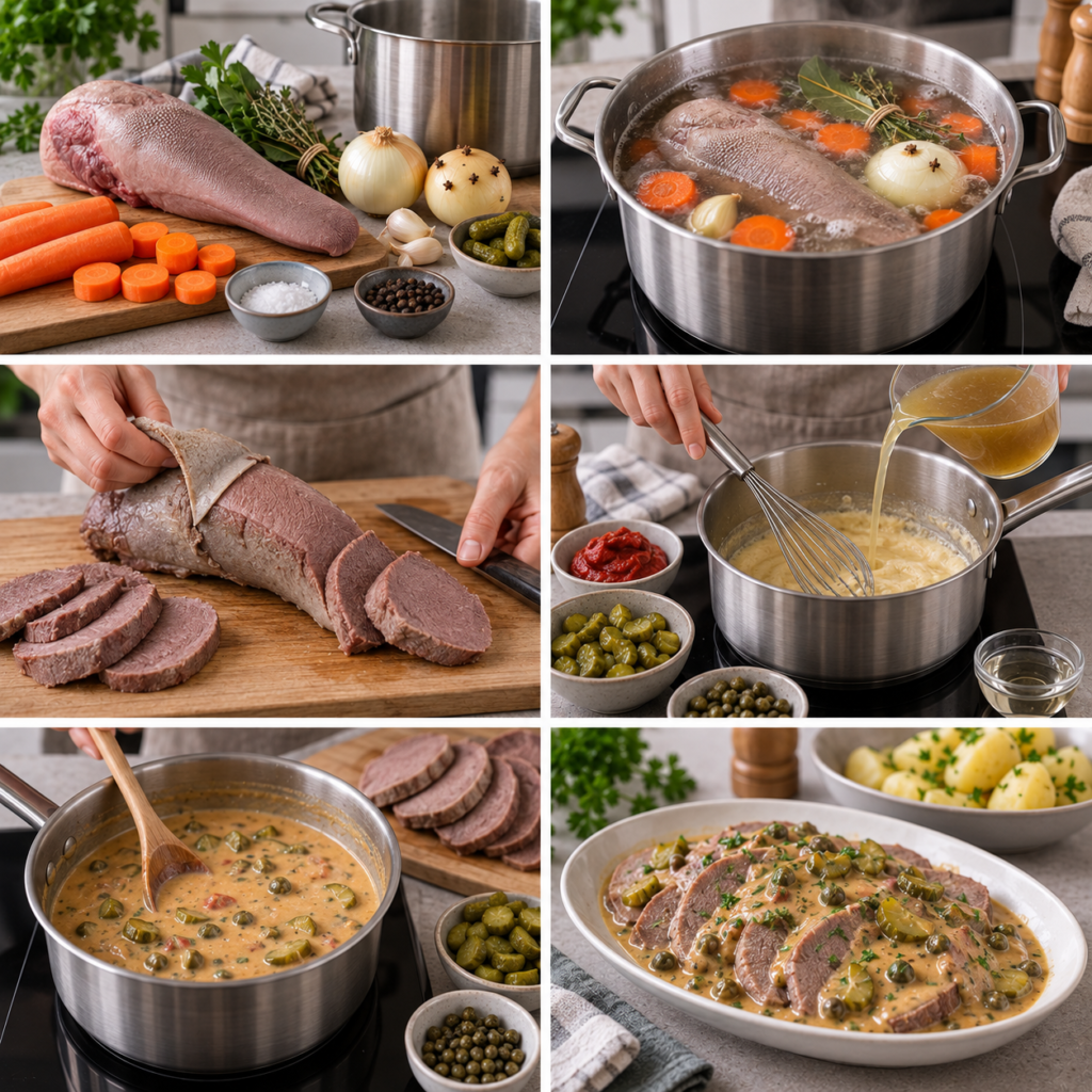 A cozy homemade cooking scene in a rustic kitchen, focused on the preparation of ingredients for beef tongue. In the foreground, a wooden cutting board displays neatly arranged fresh herbs like thyme and parsley, along with sliced pickles and a whole beef tongue, glistening with freshness. A sharp, stainless-steel knife lies beside the cutting board, hinting at the upcoming preparation. In the middle, an array of ingredients including carrots, onions, and spices like black peppercorns are scattered, creating a sense of culinary chaos. The background features wooden shelves filled with jars of spices and a large pot simmering on the stove, emitting a gentle steam. Soft, warm lighting adds a welcoming and inviting atmosphere, highlighting the textures of the ingredients and the warmth of the kitchen. Langue de bœuf mijotée aux cornichons