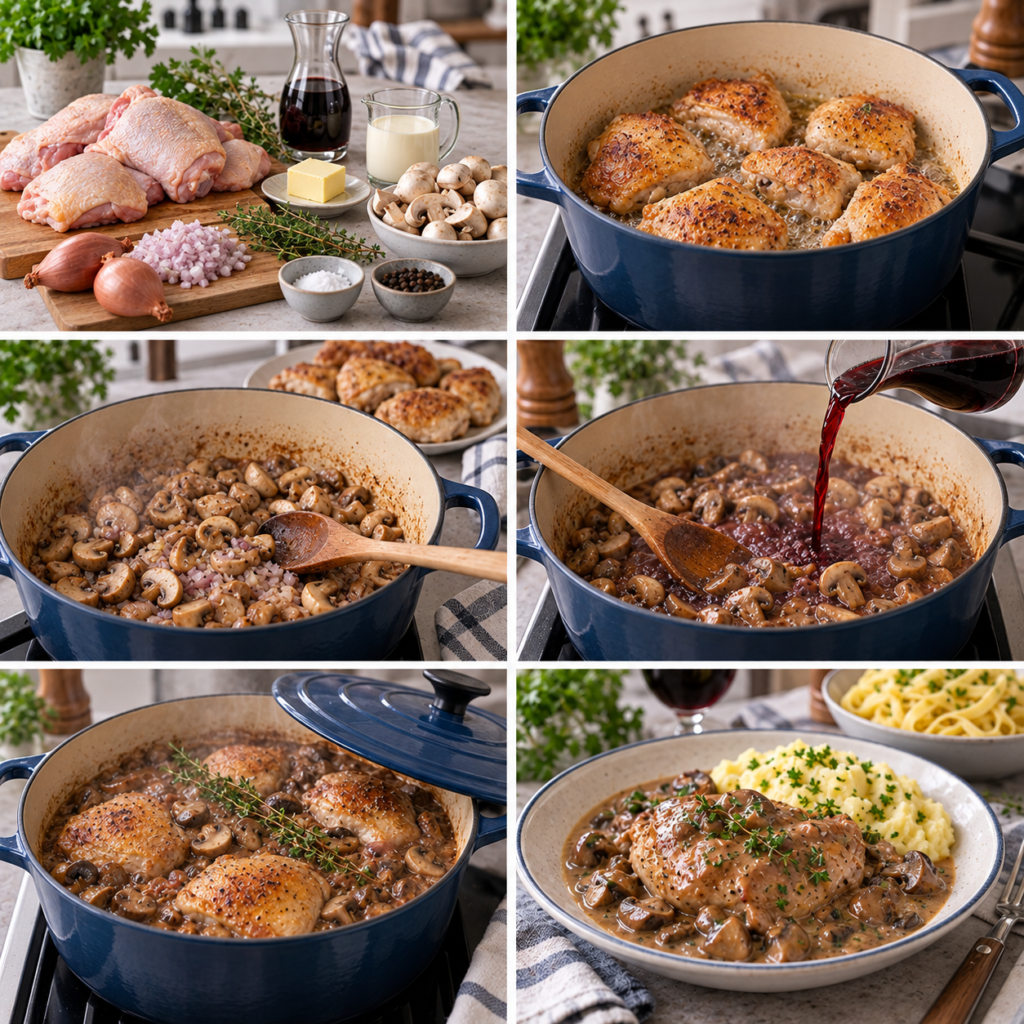 A cozy kitchen scene featuring a grande cocotte filled with creamy chicken au porto, simmering gently on a rustic wooden table. The cocotte, elegantly crafted in a deep, rich red color, is surrounded by an array of fresh ingredients: succulent mushrooms, sprigs of fragrant thyme, and vibrant garlic cloves. Soft, warm lighting cascades from a nearby window, casting gentle shadows that enhance the homely atmosphere. In the background, a set of wooden kitchen utensils and a neatly arranged spice rack add charm to the setting. Capture this inviting moment from a slightly elevated angle to emphasize the cocotte's allure, evoking a sense of warmth, comfort, and culinary creativity. Poulet au porto et champignons