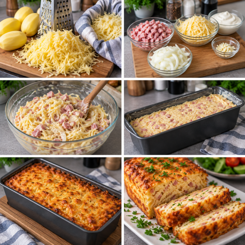 A cozy homemade cooking scene featuring a delicious "rôti croustillant" of golden-brown potatoes layered with ham and melted cheese. In the foreground, showcase the beautifully browned roast, its crispy exterior glistening with herbs and oil, complemented by steam rising as it rests on a rustic wooden cutting board. Surround it with side dishes, such as a fresh salad and a bowl of creamy sauce, creating a inviting atmosphere. In the middle ground, depict a warm, rustic kitchen setting with wooden cabinets and soft, ambient lighting filtering through a window, casting gentle shadows. Use a shallow depth of field to blur the background slightly, emphasizing the roast as the centerpiece. The overall mood is homely, warm, and appetizing, inviting viewers to enjoy this family dish. Rôti de Pommes de Terre au Jambon et Fromage Fondu