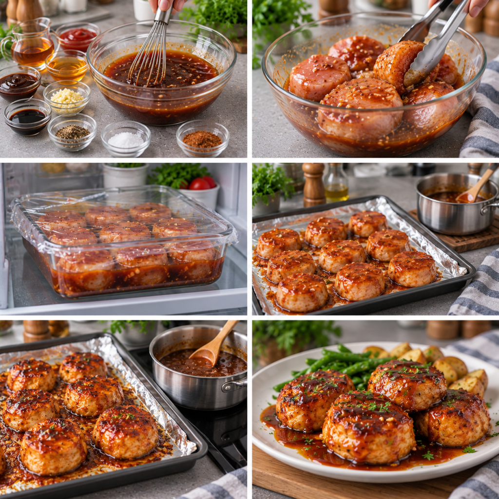 A cozy homemade cooking scene showcasing the preparation of "tournedos de poulet" in a rustic kitchen. In the foreground, beautifully plated golden-brown chicken tournedos glaze with maple syrup, garnished with fresh herbs. In the middle, a wooden cutting board with sliced vegetables – vibrant bell peppers and green onions – and a small bowl of maple sauce. The background features a warm, inviting kitchen atmosphere with wooden cabinets, soft golden lighting, and a pot simmering on the stove. The image is captured from a slightly elevated angle, focusing on the intricacies of the dish, evoking a sense of warmth and comfort as if a delicious meal is just about to be served. The overall mood is homey and appetizing, perfect for showcasing this sweet and savory recipe. Tournedos de Poulet à l’Érable