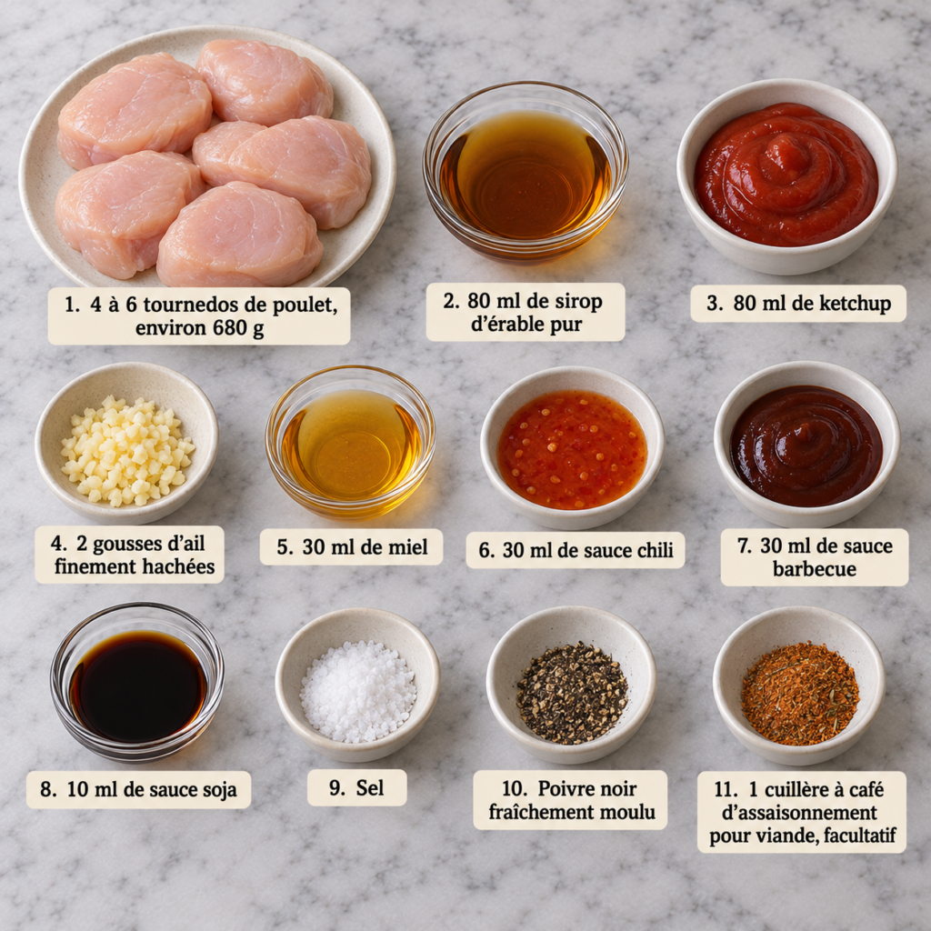 A cozy homemade cooking scene featuring a vibrant marinade for chicken with maple syrup. In the foreground, a small glass bowl holds a rich, glistening mixture of maple syrup, soy sauce, minced garlic, and fresh herbs. Surrounding the bowl are various ingredients like sprigs of rosemary and thyme, as well as a measuring spoon. In the middle ground, a rustic wooden table supports a cutting board with marinated chicken pieces, perfectly glistening under soft, warm kitchen light. The background showcases vintage kitchen utensils and spices, adding a homely atmosphere. The lighting is warm and inviting, evoking a sense of comfort and delicious anticipation. The overall mood should feel welcoming and appetizing, perfect for a gathering around the kitchen table. Tournedos de Poulet à l’Érable
