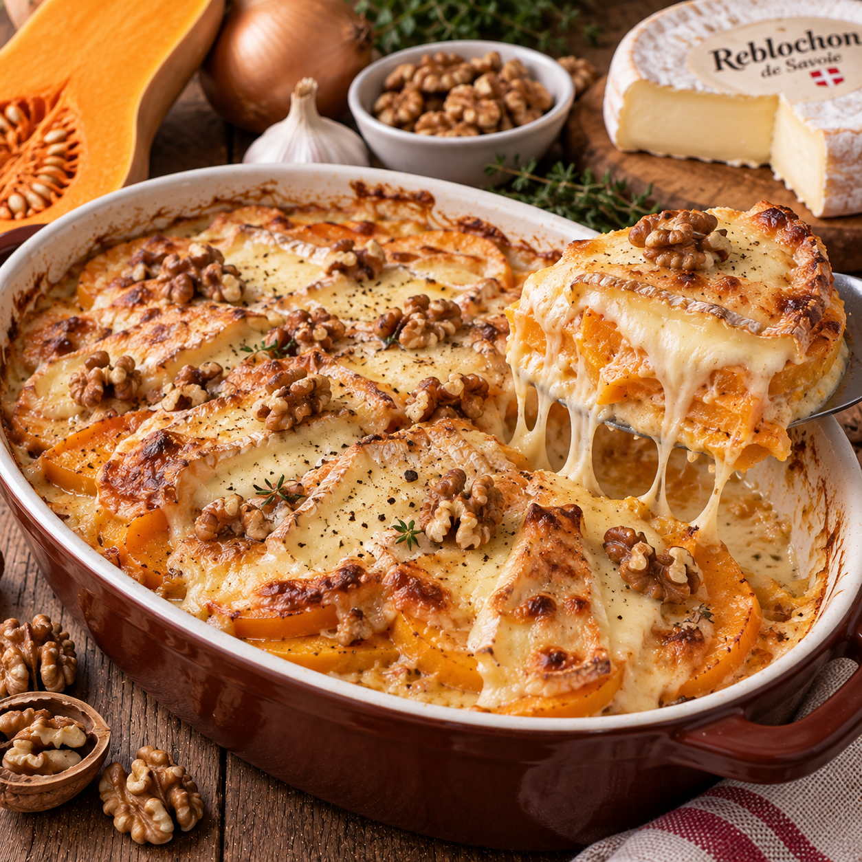 Gratin de courge butternut au reblochon et noix