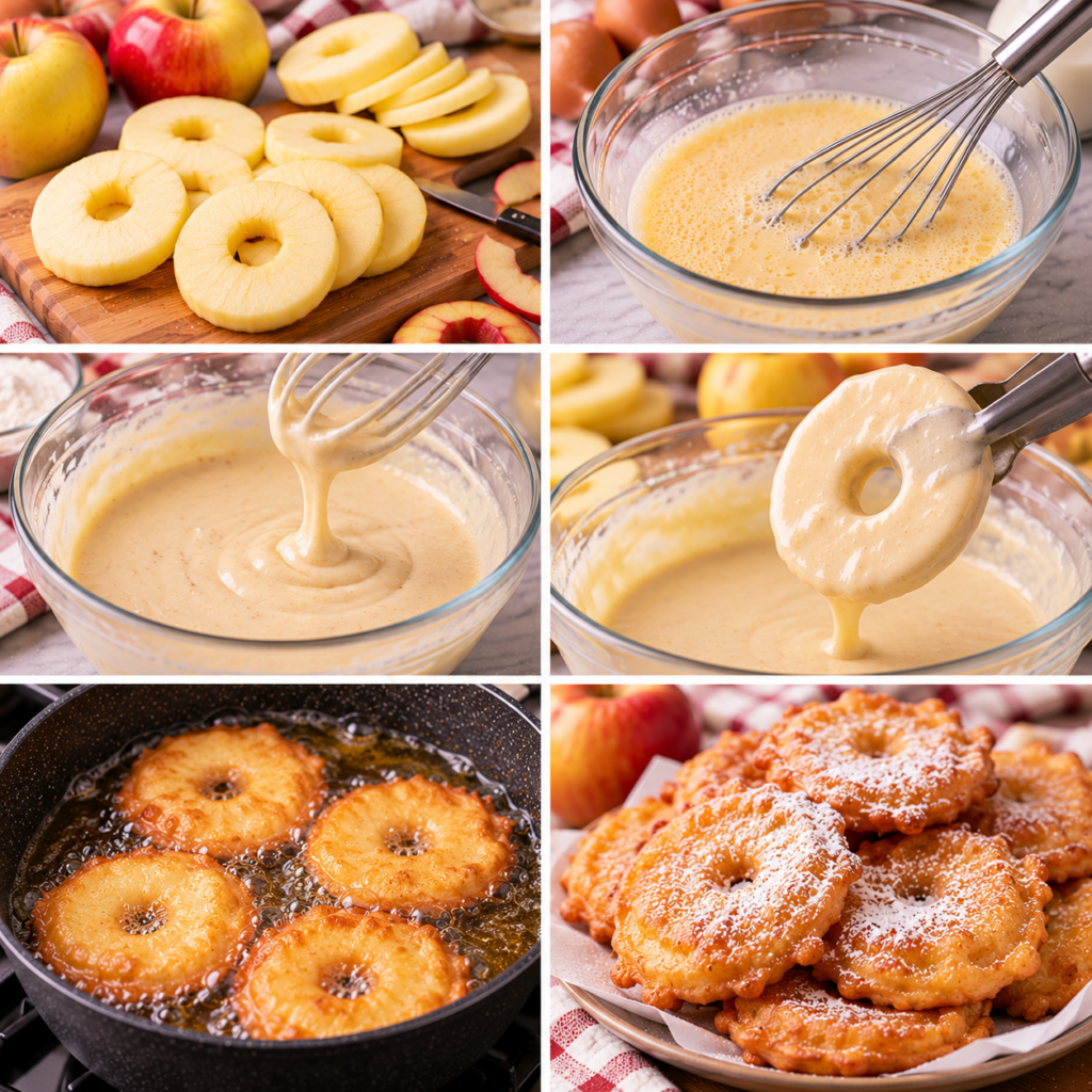 A cozy kitchen scene showcasing the preparation of light batter for apple beignets. In the foreground, a stainless steel mixing bowl filled with a smooth, airy batter, a whisk resting nearby. Fresh, sliced apples are arranged neatly on a wooden cutting board, their glistening surfaces hinting at sweetness. The middle ground features a rustic kitchen table adorned with flour dust and scattered ingredients, conveying a homey, inviting atmosphere. Natural light filters in from a nearby window, casting soft shadows and highlighting the textures of the ingredients. In the background, shelves filled with jars of spices and baking utensils create a warm, lived-in feel. The composition evokes a sense of comfort and creativity in cooking. Beignets Bretons aux Pommes